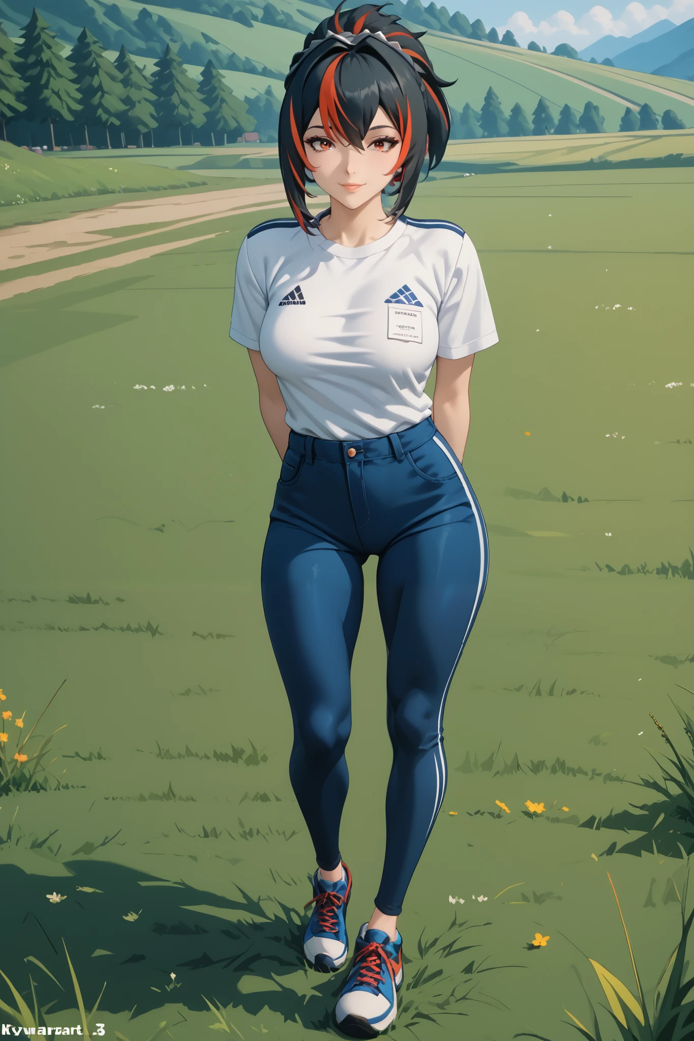 Masterpiece, extremely detailed,4k,solo,1girl,Zhu yuan, sponytail streaked hair, ,full body,perfect slim body, stand up,ambarrased ,long legs ,perfect slim body,large breasts, ((kawai face)),embarassed ekspression,smile,(closed lips),arms behind back, cowboy shoot,((grass)), front look, looking at viewers, white tshirt, ((short girl pants)) 
