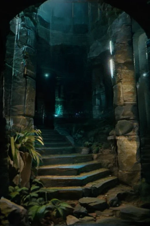 Atlantis, rock pillars, cobblestone staircase, night, bioluminescent plants, crt tv