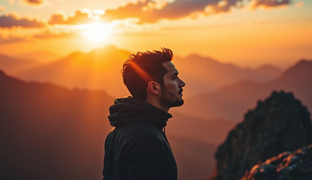  A motivational image showing a prominent person , profile,  looking at the horizon at dawn , With rays of sunshine shining in the background. The setting conveys determination and overcoming ,  with mountains on the horizon and a sense of achievement and inspiration . The style is vibrant,  with warm colors and strong contrasts ,  highlighting the face and confident posture of the person .