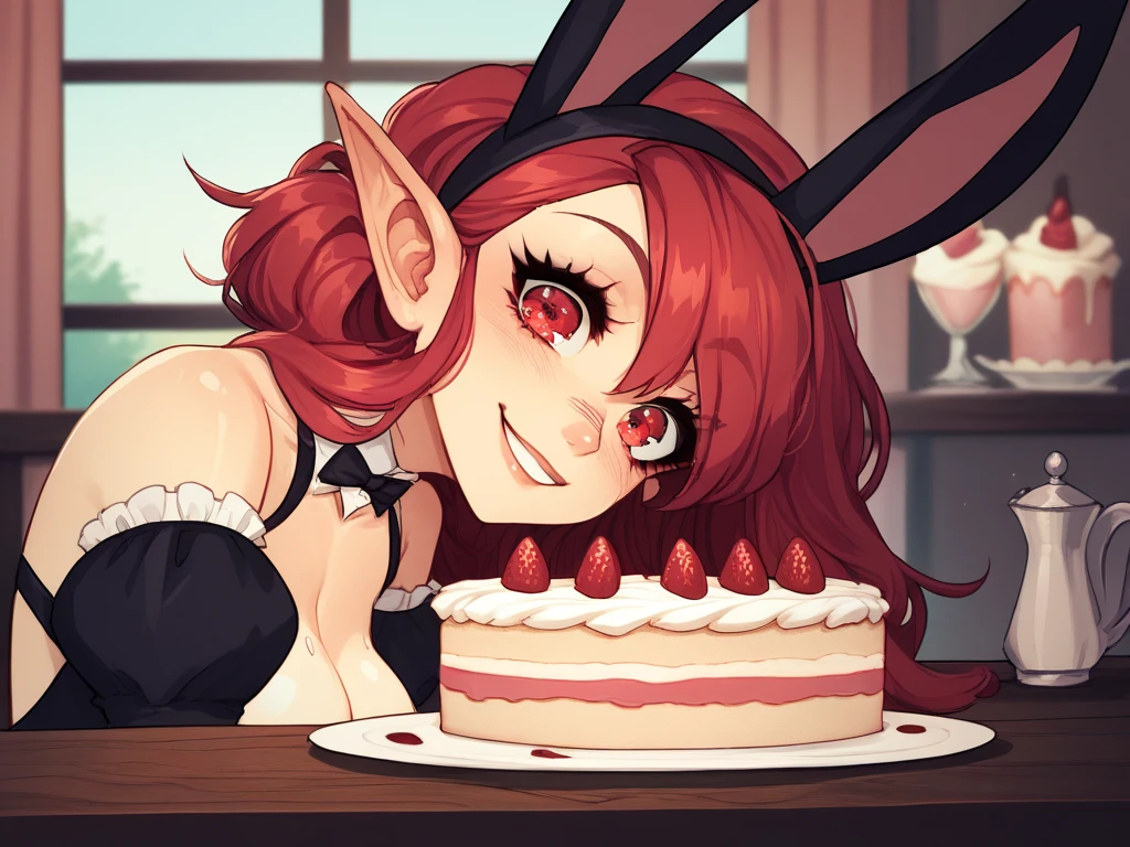  score_9, score_8_up, score_7_up, score_6_up, score_5_up, score_4_up, (source_anime),  1girl, breasts, smile, beautiful face, red hair, red eyes, beautiful eyes, fixed, face fixed, eyes fixed mouth, maid outfit, cake, bloody, bunny ears, top hat, sitting in Coffey shop, waist up, close up