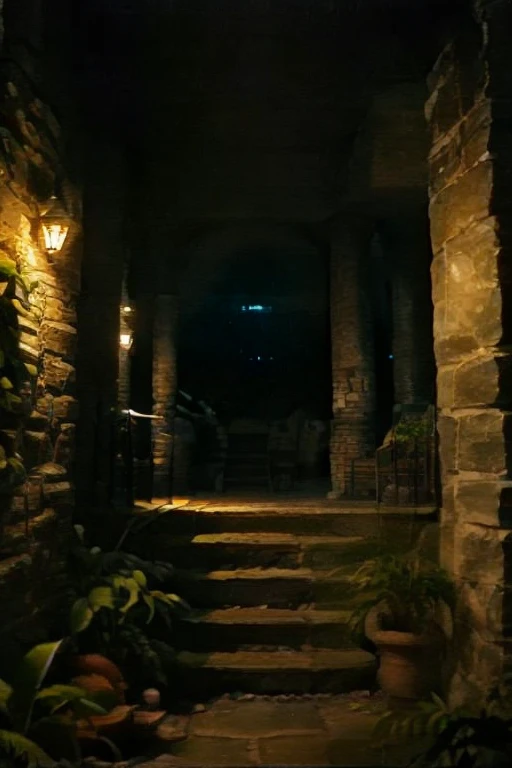 Atlantis, rock pillars, cobblestone staircase, night, bioluminescent plants, crt tv