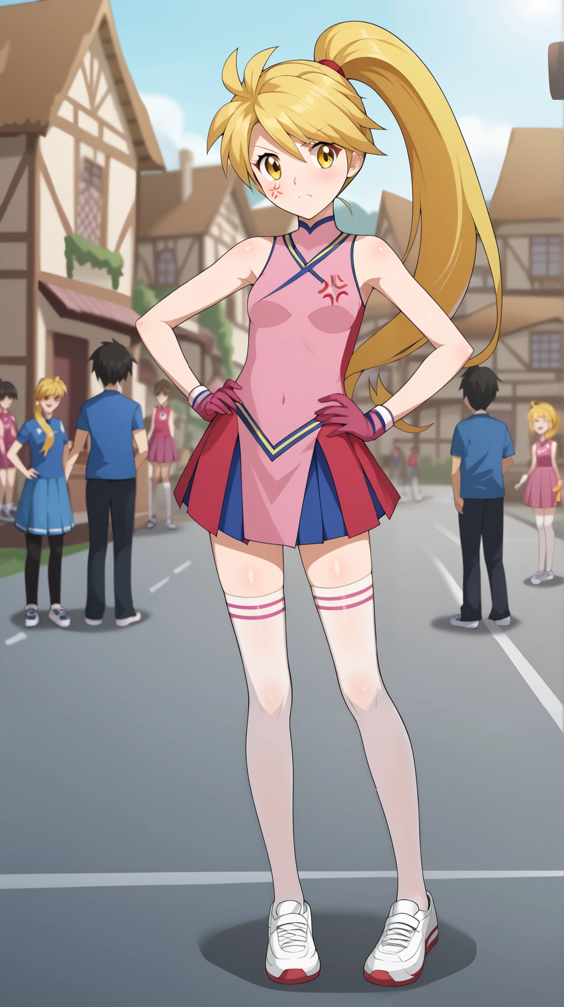 (( best quality )), ((masterpiece)), (( Details)), 1girl, Two legs, two arms,  golden hair color,  ponytail,  long hair, Yellow Eyes, Cheerleader Costume,  pink sleeveless shirt without gloves,  pink pleated mini skirt,  white knee-high stockings reflective on glass floors, white lace up shoes ,  Tall,  ANIME COLORING BOOK,  Audience , 1 Female, Age 18,  is standing, whole body, Place one hand on hip,  slim figure, anger, town, (\ Pokémon\),  score_9,  score_8_Excellent,  score_7_Excellent,  score_6_Excellent,  source_Anime,  cell shading,  flat color, vector,
