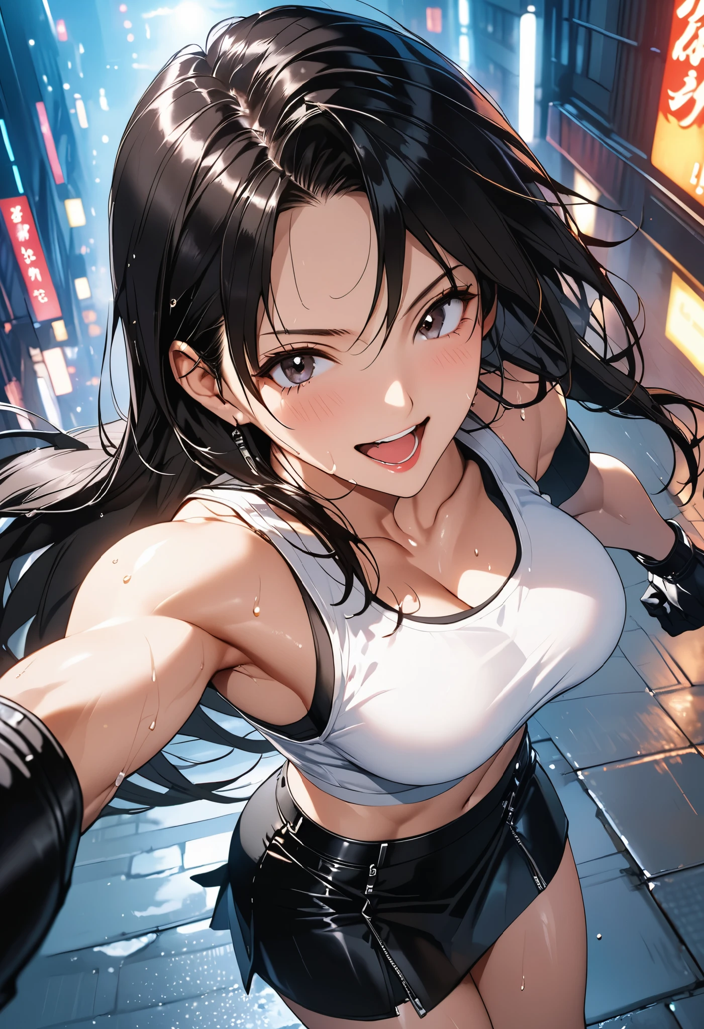 masterpiece, Best Quality, High resolution,16k,official art,super detailed skin,detailed,animated painting, (Tifa Lockhart:1.3),1990s \(style\),(white tanktop,black mini skirt,black glove:1.3)、(G-cup beautiful breasts)、clevage, (tall:1.3),height: 170cm,Fashion model body type、Sweating all over the body、vapor、(Muscular:1.4)、abdominal muscle,(sexy),nsfw,Sweaty、Configuration from the front、from above,happy,big laugh,Ahegao、Anime-style painting style,black hair,long hair,Close up on full body,Cinematic lighting,Superfine,in the city,night,winter,cyberpunk,(sexy),extreme closeup,fighting pose