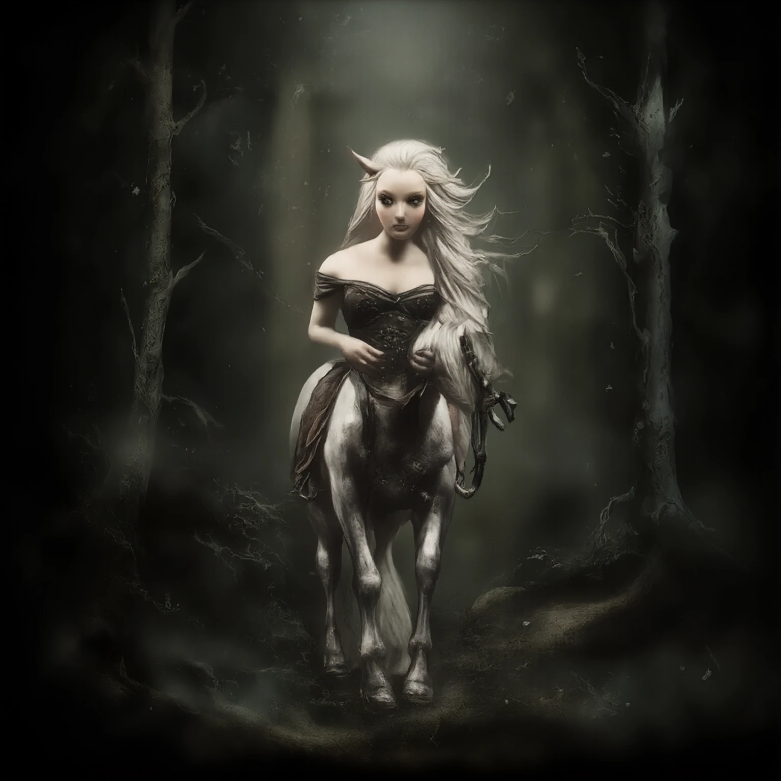 Full body, a realistic female centaur, her stunning upper body is a gorgeous human woman, her legs and lower half a beautiful white Arabian mare, her hair is shock white waves of silk, her eyes a bright mischievous emerald green, she gazes at the viewer seductively and smiles as she makes her way through dark and dense woods, she wears an unbuttoned leather doublet that barely covers her heavy breasts, fantastical, mythical, high definition, 8k, fantasy, realistic, rich textures, perfect hands, perfect face, perfect hair, perfect musculature, 