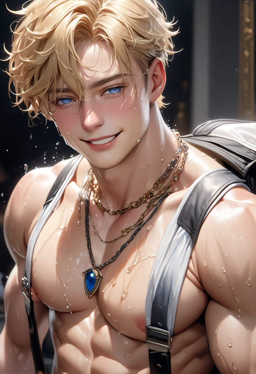 (detailed nipples)high quality, detailed, photo Realistic,( smiling tanned blond school boys), (detailed black eyes), (blond short hair),(abs),(tanned dark brown shiny skin:1.4), wet chest, blue suspenders,(detailed nipples), palace bedroom, (best quality,4k,8k,highres,masterpiece:1.2), (face close up:0.8),(realistic,photorealistic,photo-realistic:1.37),
