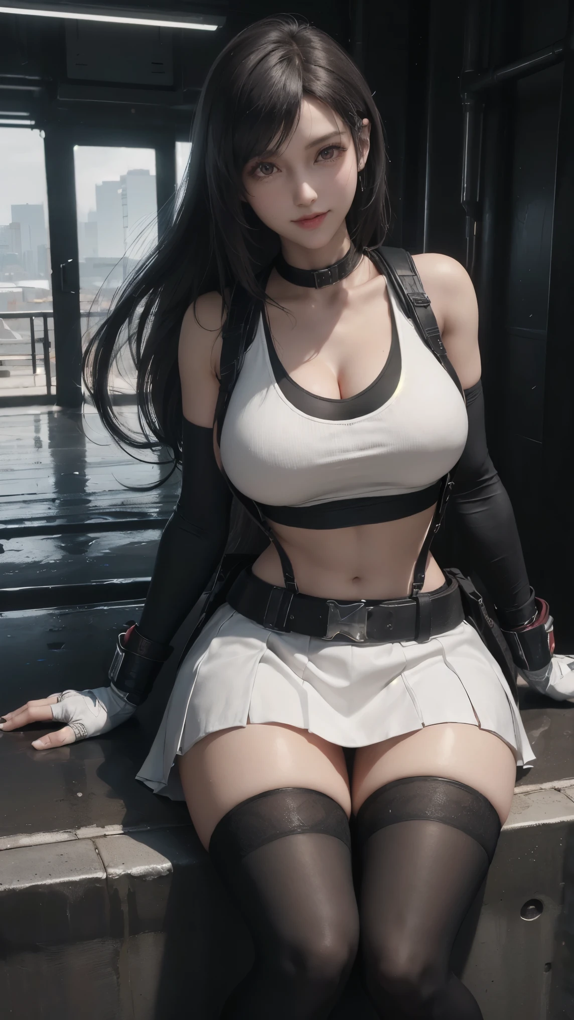 Tifa Lockhart,(best qualityer,4K,8k,high resolution,work of art:1.2)(weather: cloudy), nuclear facility background, nuclear pipeline, white cropped top, elbow long sleeves, belt, black pleated mini skirt, black combat gloves, combat harness, thigh high stockings, combat boots, eyeliner, long wavy hair, black hair, ultra detailed, realistic, portrait,beautiful detailed red eyes, glowing eyes,blush,beautiful detailed lips,extremely detailed eye and face, long eyelashes, sexy,average, large breasts,beaming smile, flirty smile,powerful girl, sexy pose, stunning curves,bright coloured,dramatic lighting, dirty body, hair flying,