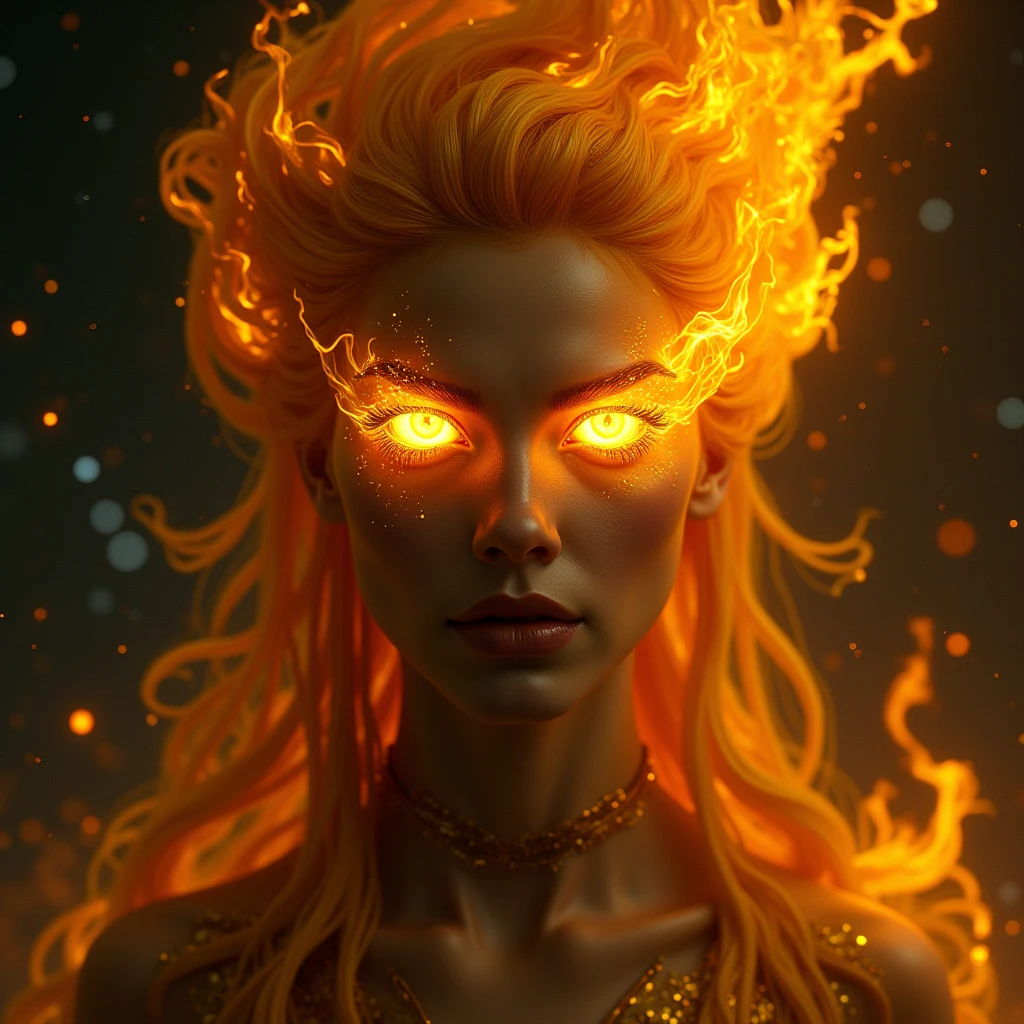 dark, unholy, evil, astral, creepy style, undead, rotting skin, mystical, nice perfect face with soft skin, young beautiful woman portrait from side, smoke, mist, yellow dress, yellow glowing sun, big curly blonde hair, yellow glow, yellow eyes, void