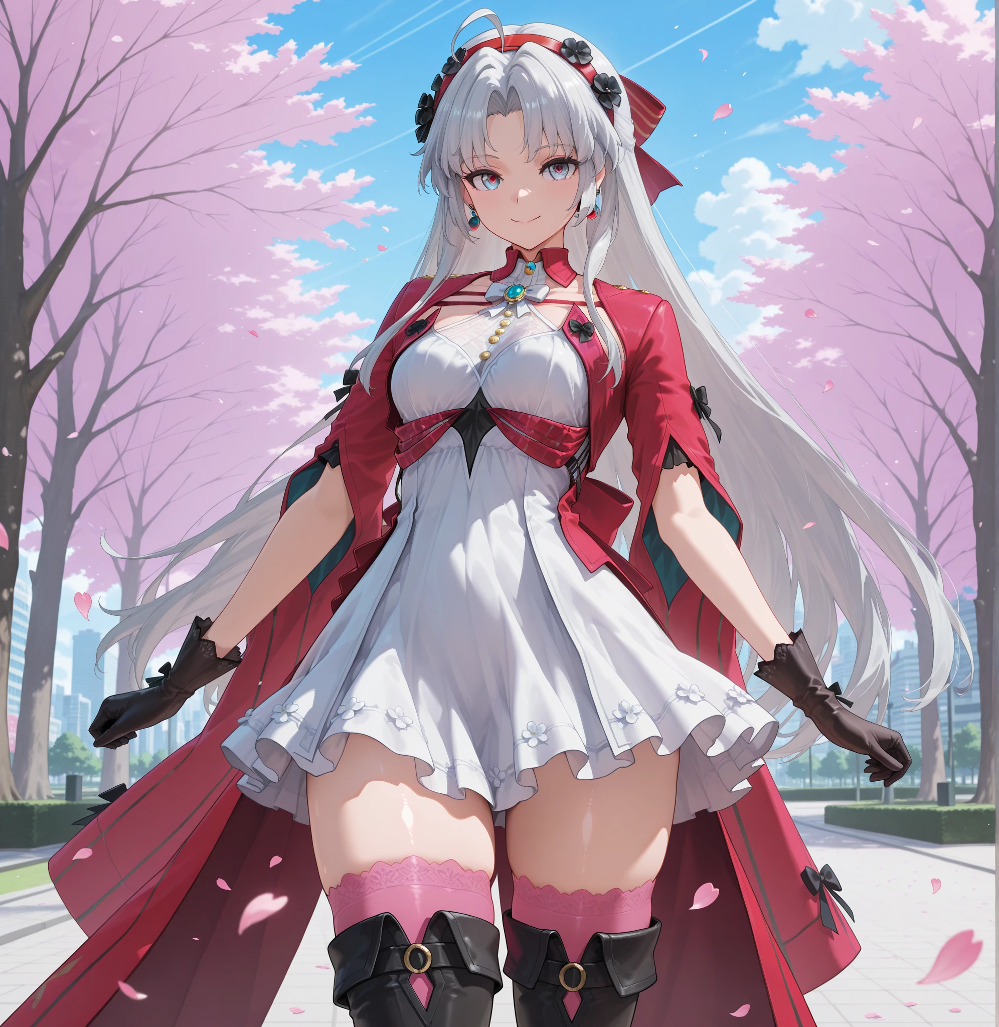 masterpiece,best quality,absurdres, amazing quality, shiny skin, 
tokyo \(city\), park, cherry blossoms, falling petals, cowboy shot, smile, looking at viewer, standing, 
 carlottailvp, 1girl, long hair, dress, parted bangs, grey hair, gloves, black gloves, ahoge, white hair, white dress, jewelry, bow, earrings, blue eyes, hair bow, thighhighs, medium breasts,  (black flowers hairband),  very long hair, (red hairband), grey eyes, multicolored eyes, thigh boots, pink thighhighs, thighhighs under boots, high heel boots,transformation into a horse