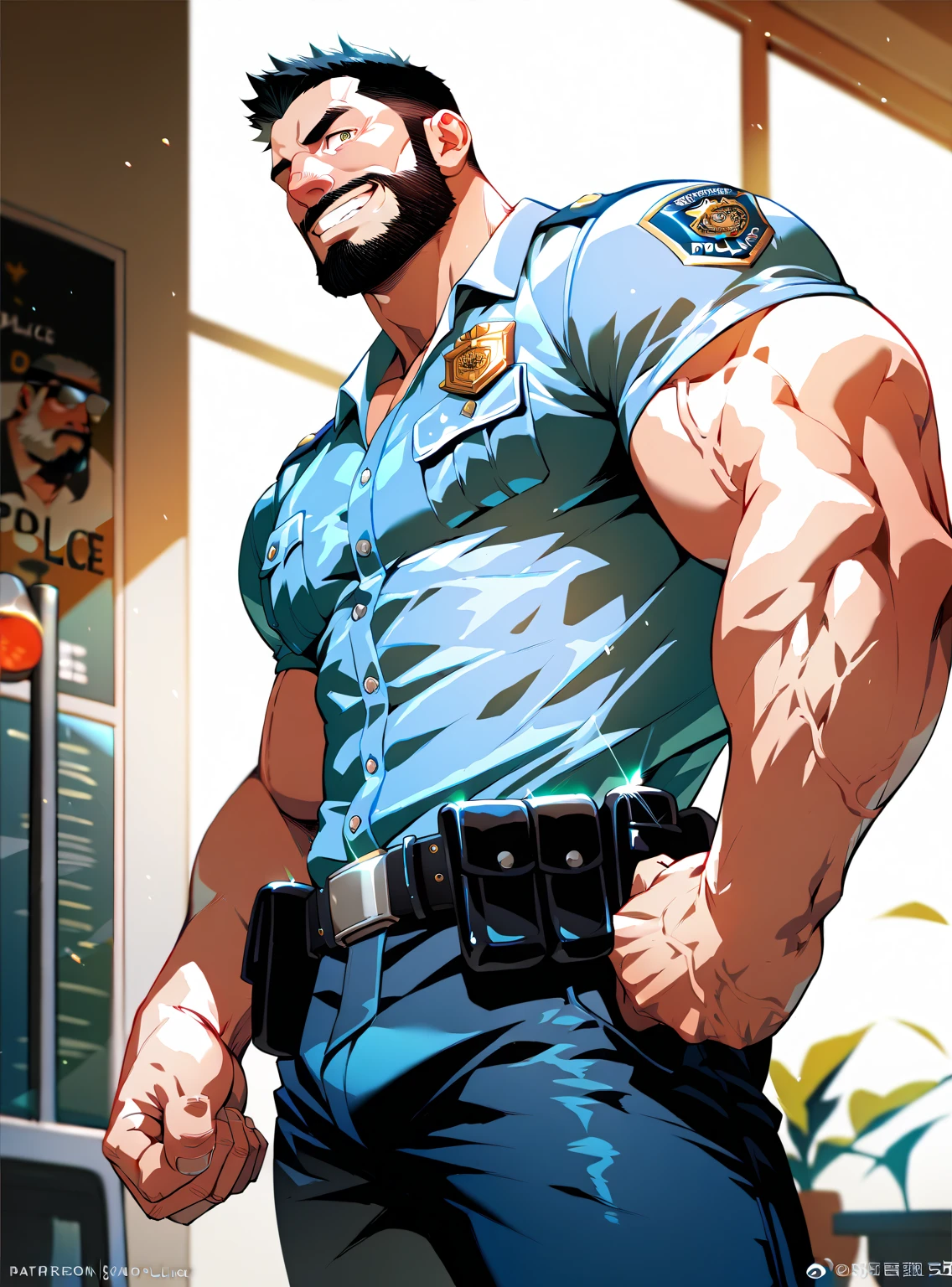 police  ,man, Muscular,  beard and short hair  ,  big penis,  A room in the back  .   just wearing a shirt,not, a big smile on the face ,