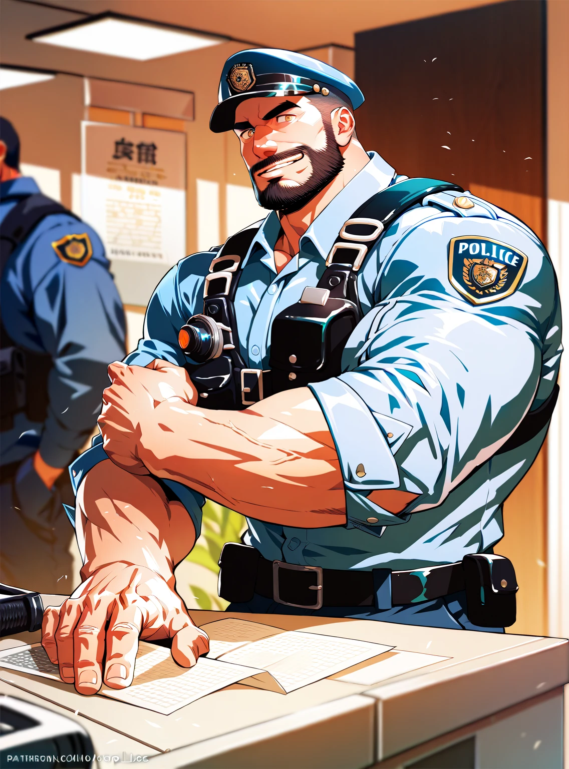 police  ,man, Muscular,  beard and short hair  ,  big penis,  A room in the back  .   just wearing a shirt,not, a big smile on the face ,