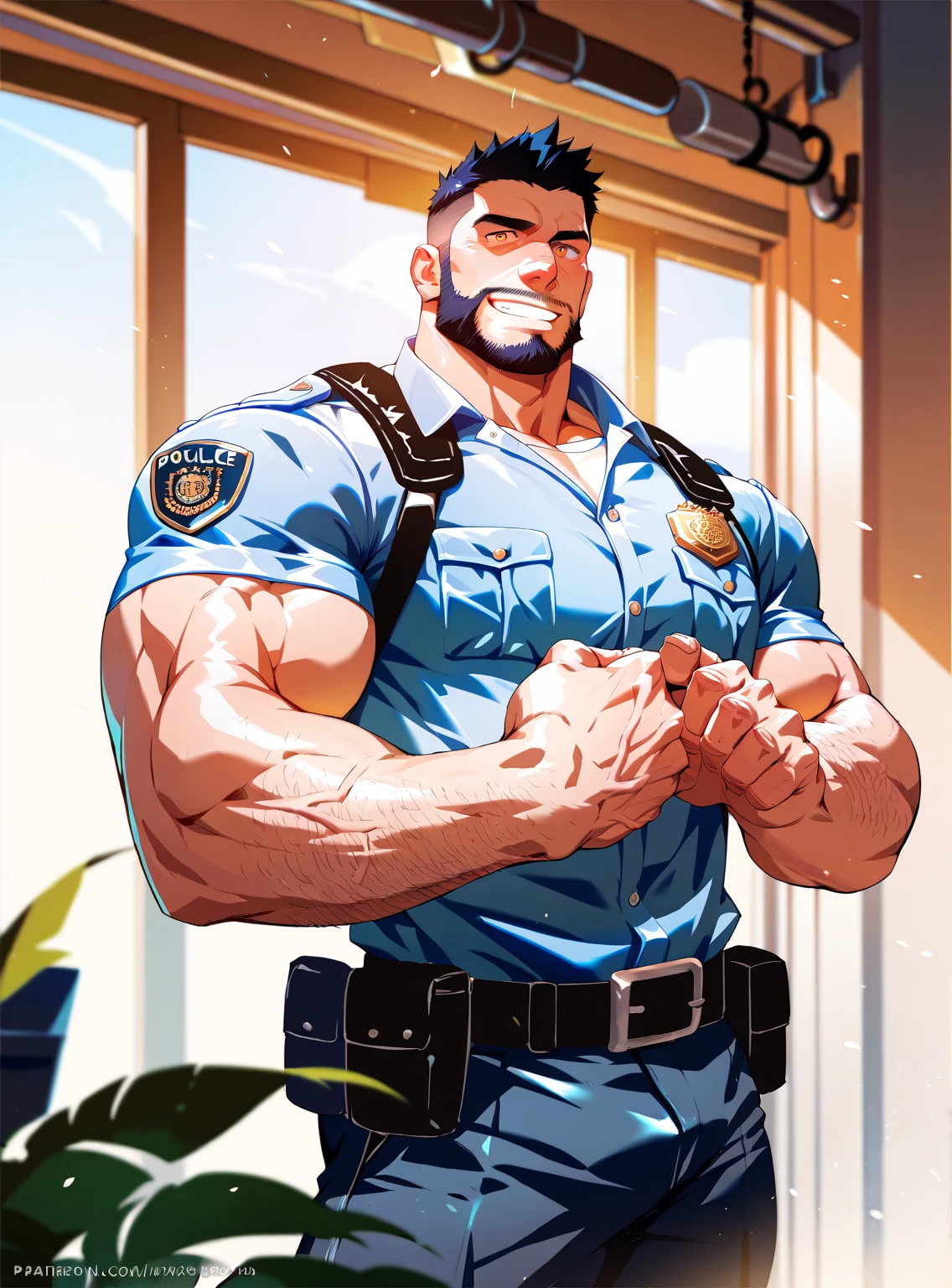 police  ,man, Muscular,  beard and short hair  ,  big penis,  A room in the back  .   just wearing a shirt,not, a big smile on the face ,