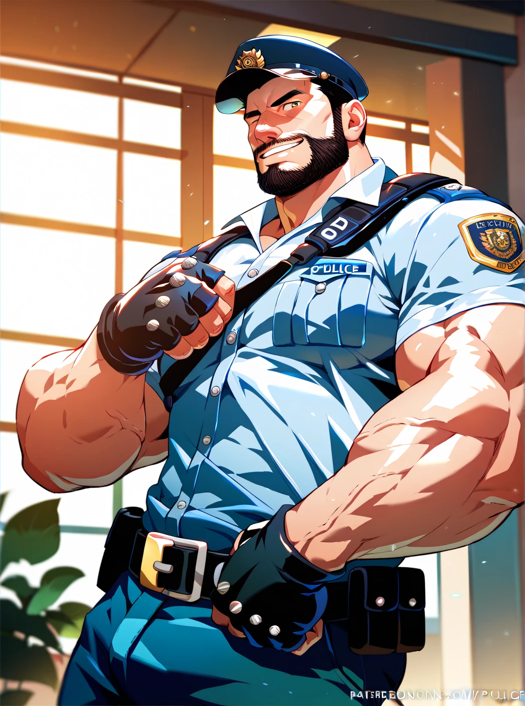 police  ,man, Muscular,  beard and short hair  ,  big penis,  A room in the back  .   just wearing a shirt,not, a big smile on the face ,