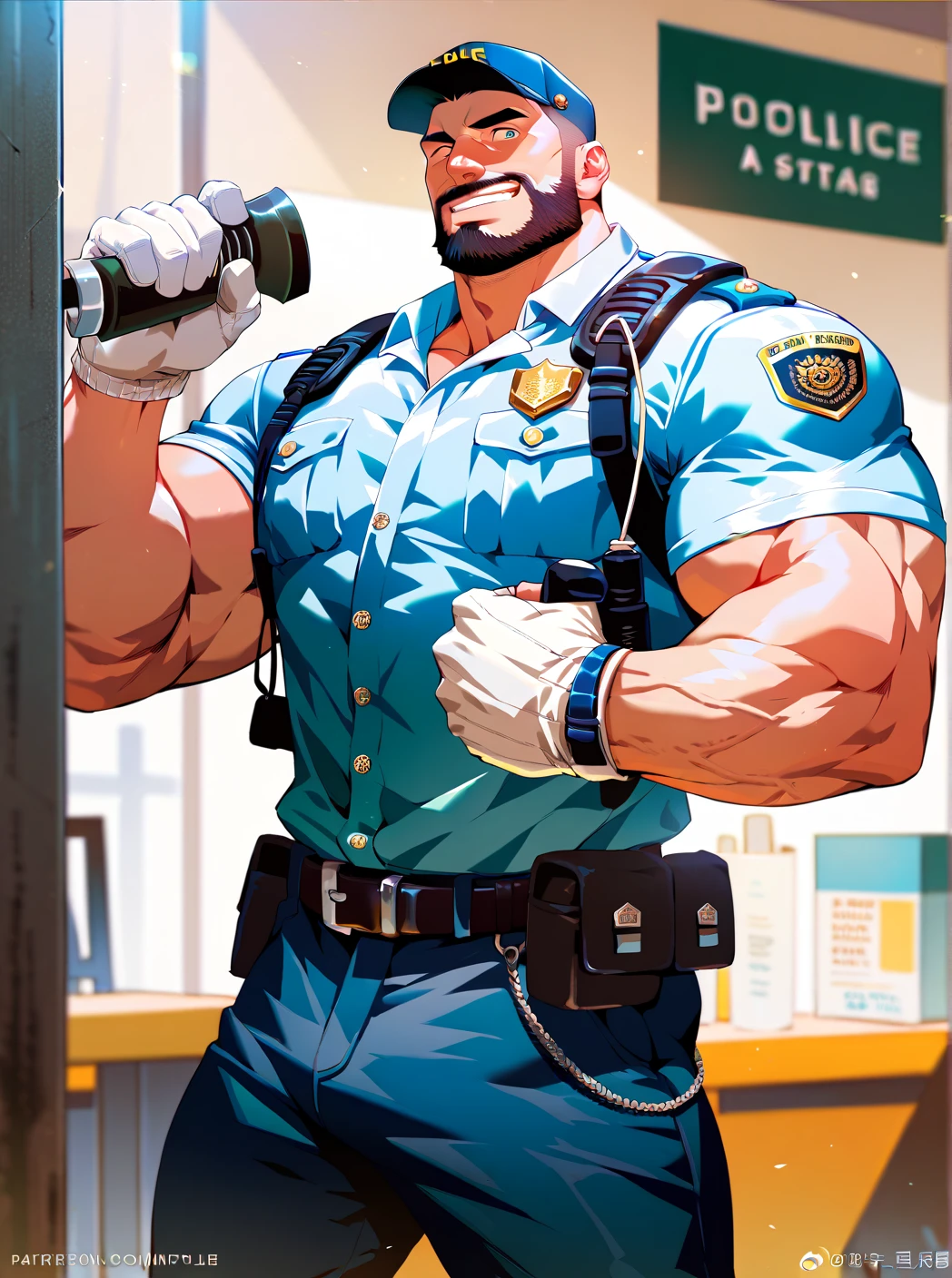 police  ,man, Muscular,  beard and short hair  ,  big penis,  A room in the back  .   just wearing a shirt,not, a big smile on the face ,