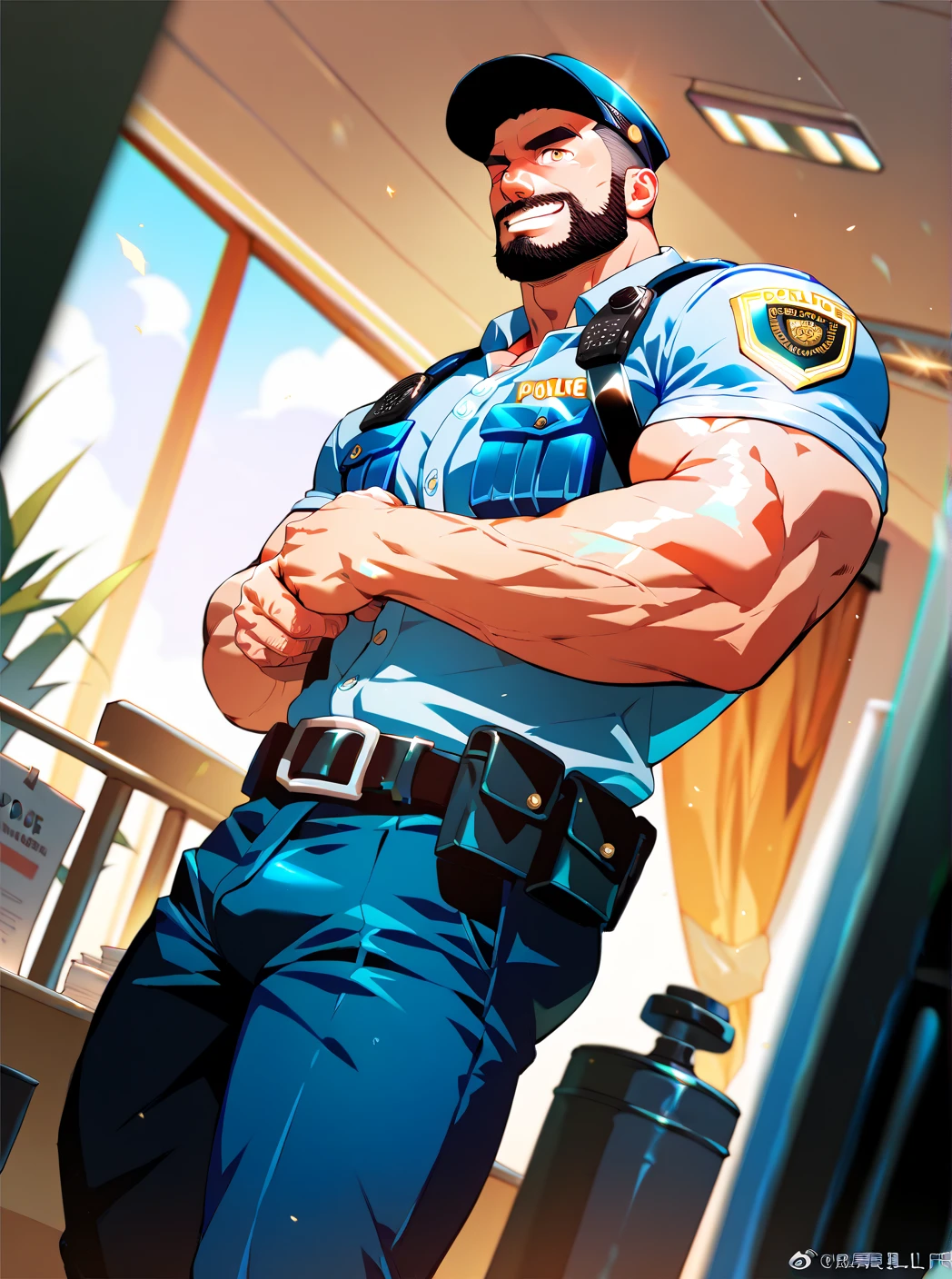 police  ,man, Muscular,  beard and short hair  ,  big penis,  A room in the back  .   just wearing a shirt,not, a big smile on the face ,