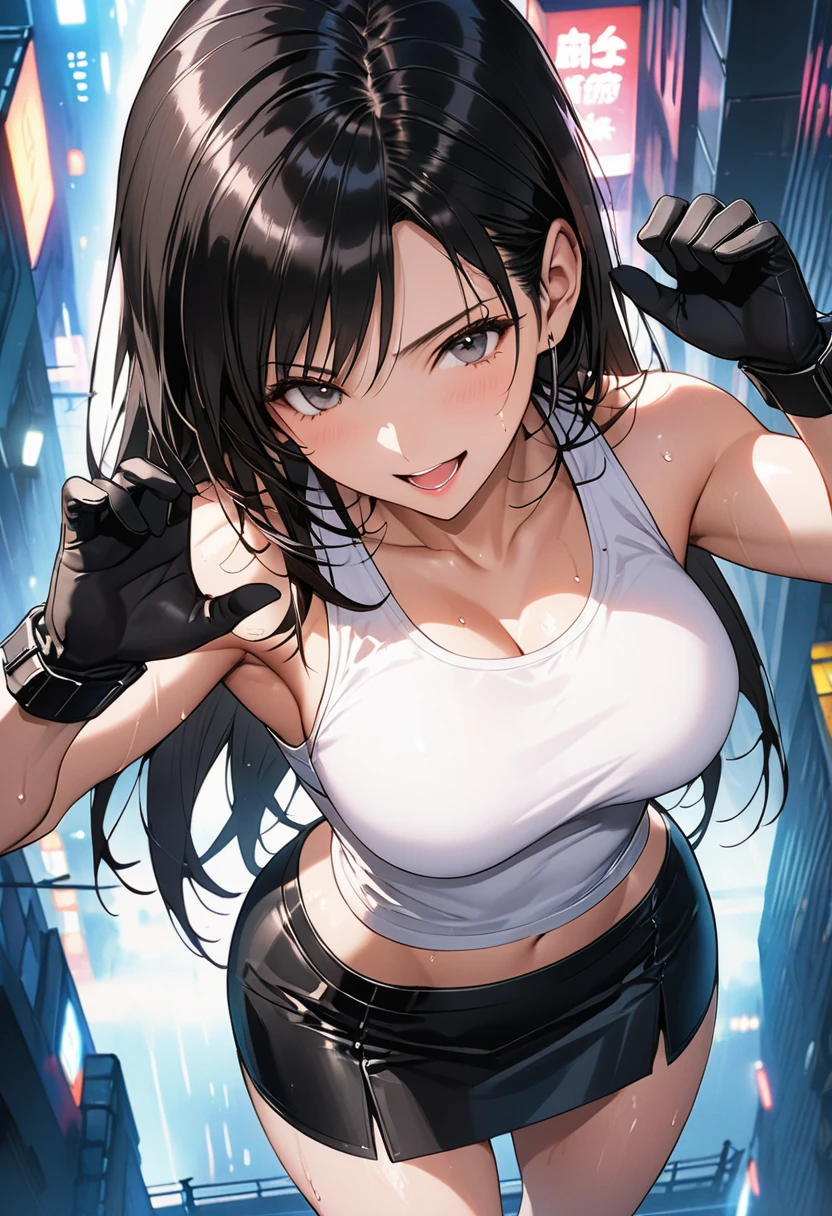 masterpiece, Best Quality, High resolution,16k,official art,super detailed skin,detailed,animated painting, (Tifa Lockhart:1.3),1990s \(style\),(white tanktop,black mini skirt,black glove:1.3)、(G-cup beautiful breasts)、clevage, (tall:1.3),height: 170cm,Fashion model body type、Sweating all over the body、vapor、(Muscular:1.4)、abdominal muscle,(sexy),nsfw,Sweaty、Configuration from the front、from above,happy,big laugh,Ahegao、Anime-style painting style,black hair,long hair,Close up on full body,Cinematic lighting,Superfine,in the city,night,winter,cyberpunk,(sexy),extreme closeup,hands up high