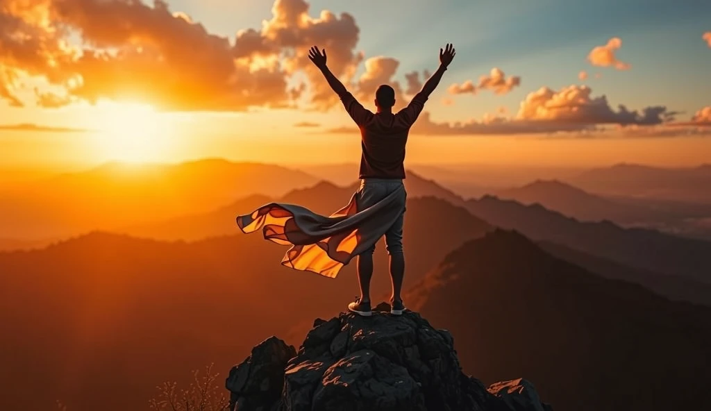 An inspired scene with a person standing on the top of a mountain , arms raised as a sign of victory , with the sky in the background in shades of orange and gold at dawn . The setting conveys achievement and determination , with details of the wind moving the person's clothes and the dramatic contrast between the human figure and the vastness of the landscape.