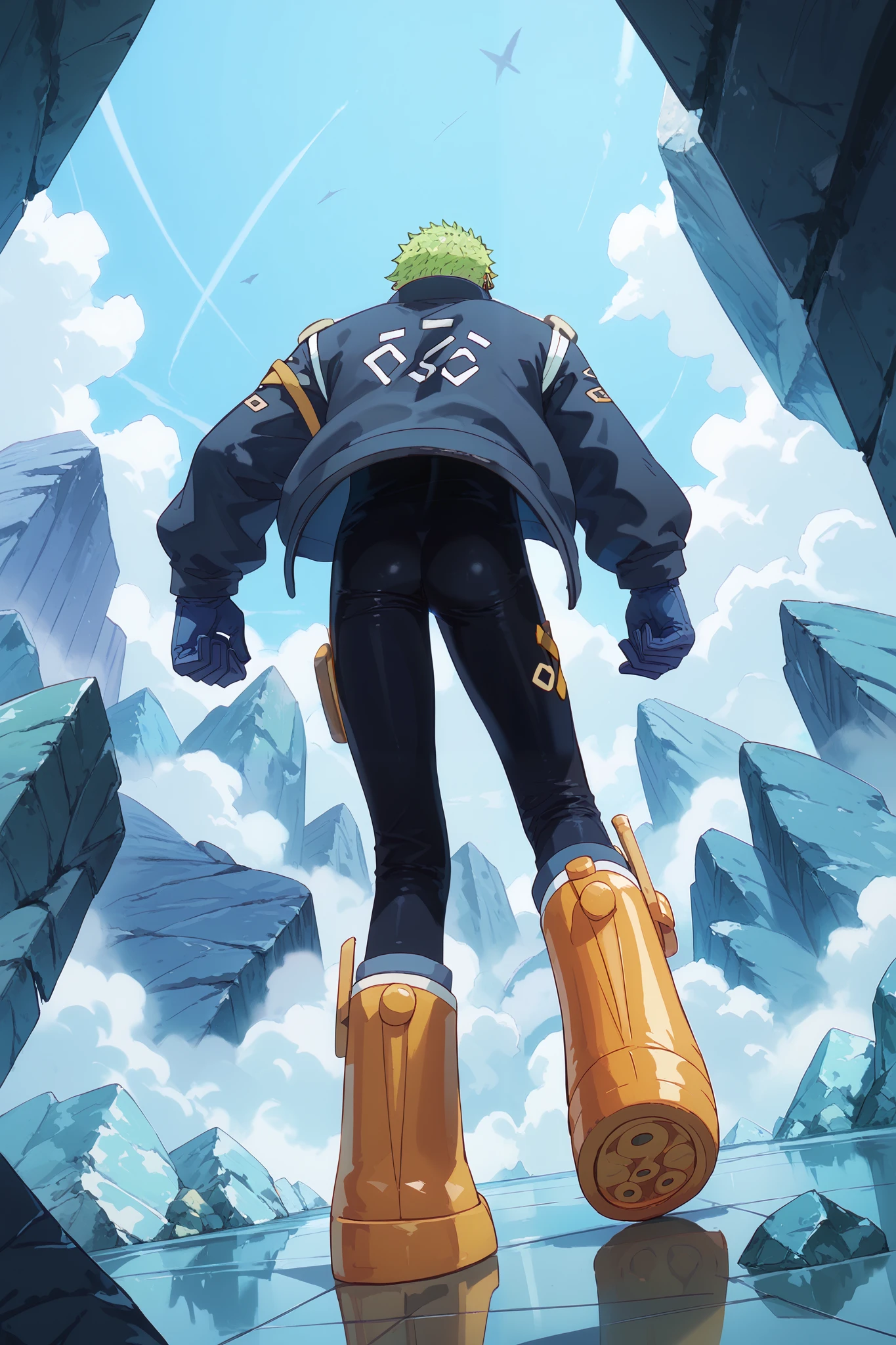 (zoro_eh, green hair, grey eyes, scar, black bodysuit, jacket, blue gloves, yellow footwear, Zoro), Zoro is with one knee on the floor looking at the skys with his two katanas in each hand, (view from behind below), (full body), (dramatic angle)