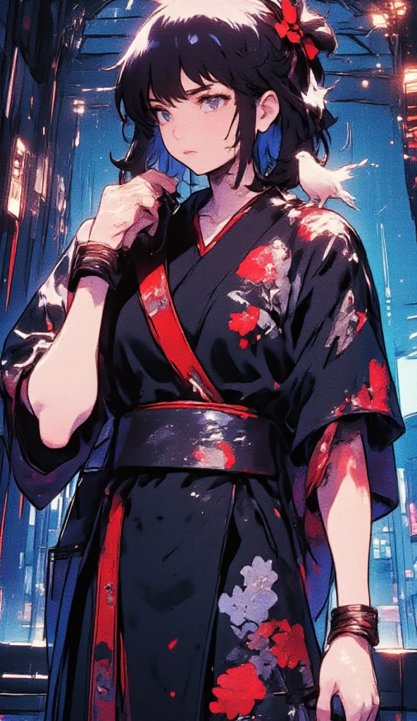 (masterpiece, best quality, ultra-detailed, best shadow), (beautiful detailed face), high contrast, (best lighting, an extremely delicate and beautiful), ((cinematic light)), colorful, hyper detail, dramatic light, intricate details, Sasuke Uchiha, depth of field, cyberpunk costume, standing, night, Tokyo, street --auto --s2