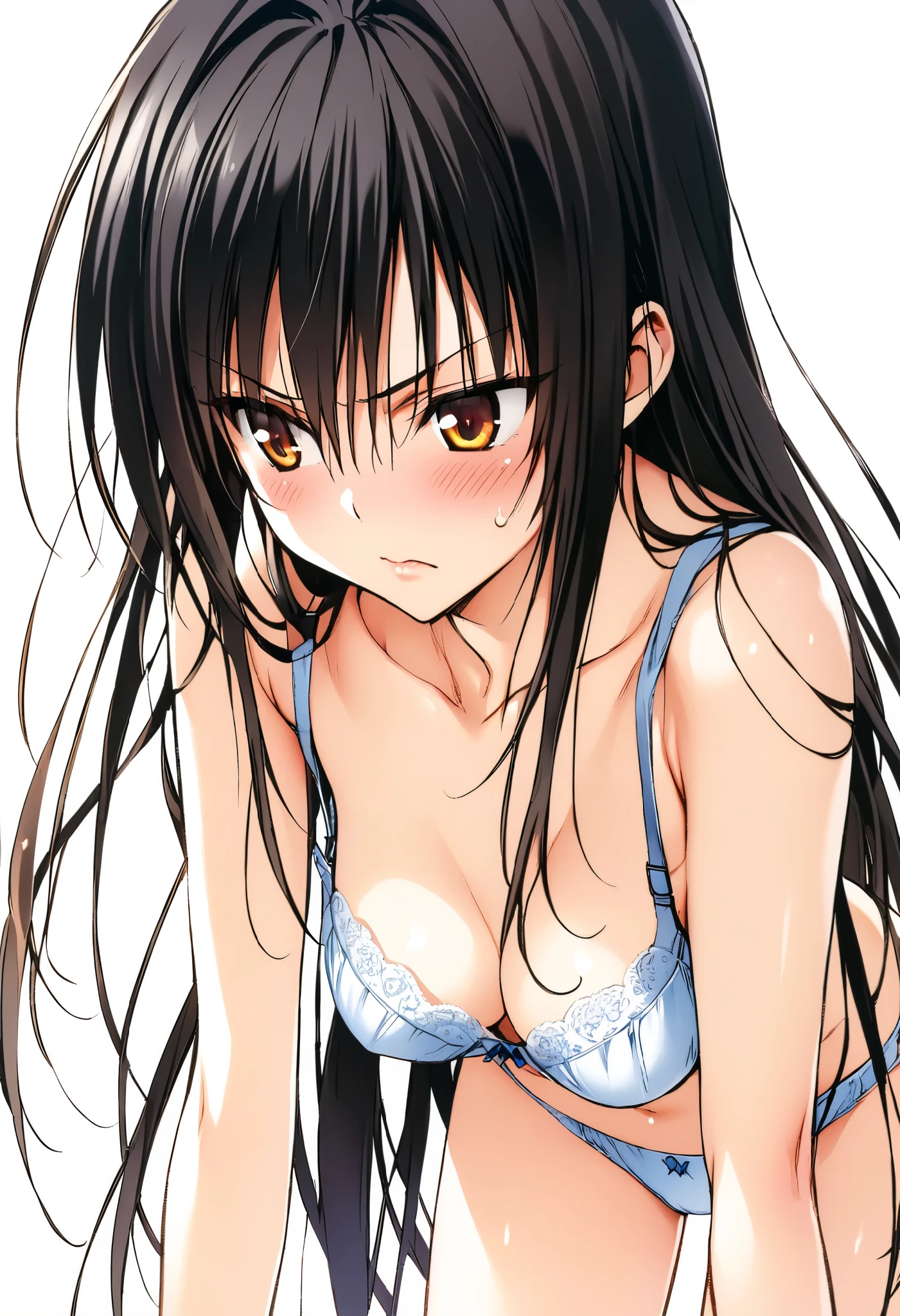 1girl, aster nemesis, dark-skinned female, black hair, very long hair, yellow eyes, flat chest , twin tails, looking at viewer, , smile,,my room,,nsfw,,,camisole,leaning forward