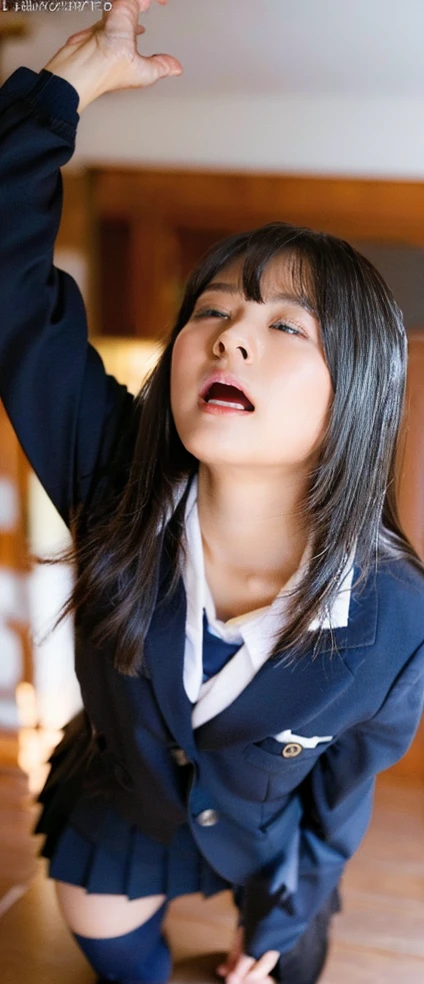 She wears the cutest high school uniform in the world、25-years old、Sculpture model attracts, (1girl in:1.Hotos、Photorealsitic:1.4、Official art、ultra-detailliert、Beautiful and aesthetic、Beautiful fece、masterpiece、top-quality、Poses that sexually provoke men、Inviting eyes、an ecstatic look on one's face、the buttocks are small、Colossal tits、Chest exposed、(barechested)、The cutest blazer in the world、the cutest blouse in the world、The cutest red ribbon in the world、The most beautiful face、The cutest earrings in the world、The cutest checked miniskirt in the world、The cutest navy knee socks in the world、The cutest black loafers in the world、The cutest sleeping face in the world、The cutest gravure idol pose in the world、The most attractive body in the world、The whole body is shown、school classrooms、opening legs widely、Touching the thigh、Showing off the cutest pants in the world、((doggy style、Raise your buttocks high、insertion、Deep joy、severe pain、Ecstatic eyes:1.2),(view from the above:1.5), despairing, I'm about to cry, exclamation、((panting heavily:1.2))、Ecstatic face、Climax expression、Look up、Staring at the ceiling、((Open your eyes, endure hard:1.5)), (looking at viewer:1.1)