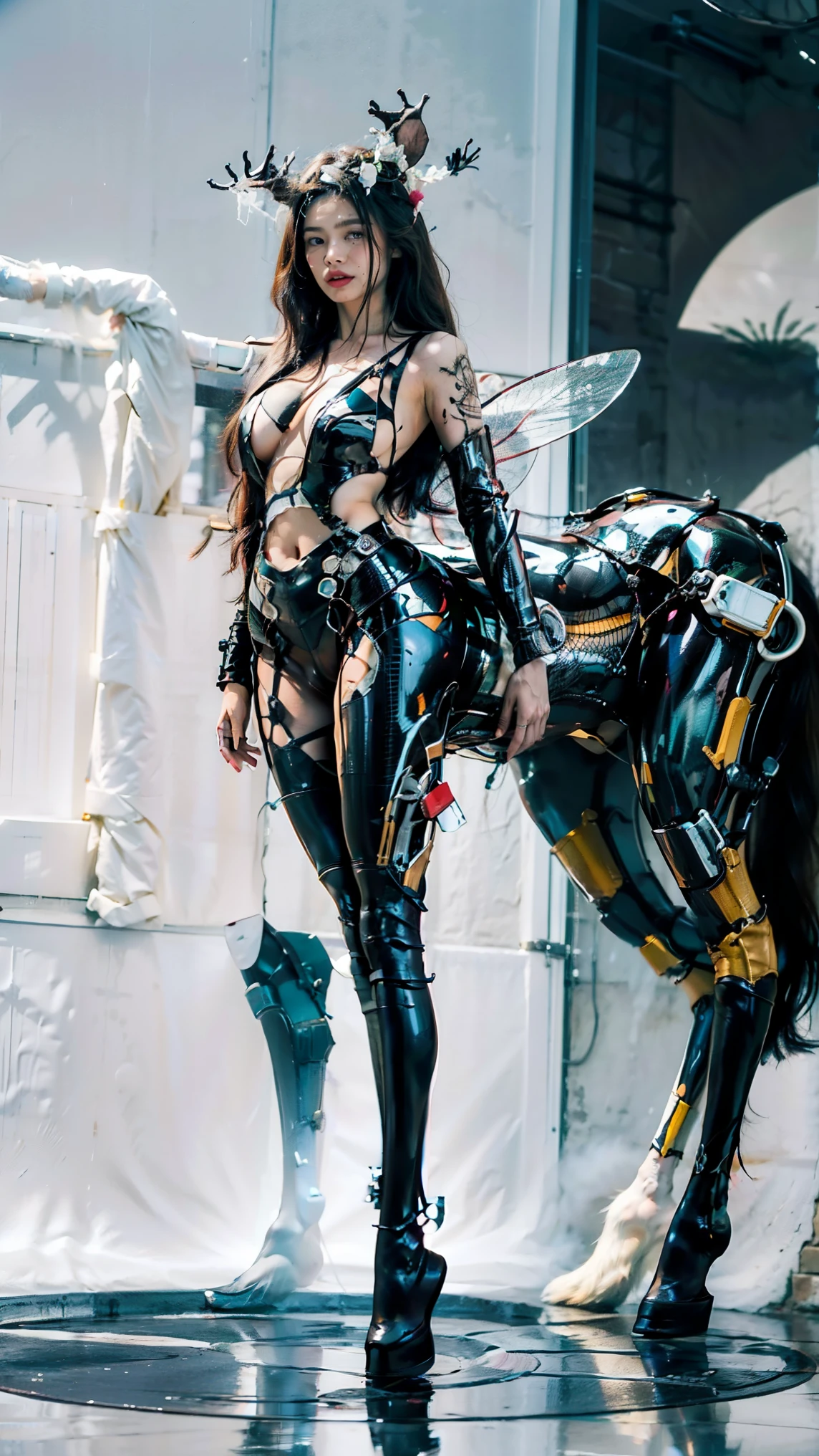 ((Naked girl)), sweaty body, naked beautiful girl in a futuristic flying suit. Gold and glass metal suit, the suit is attached to her body with metallic straps, it is made of metal, the suit resembles the body of a wasp.((naked girl)), the girl has big green eyes, puffy lips, a slim face, a narrow nose, a slender figure, ((large natural puffy breasts)), wide hips, long legs, she is in futuristic labolatory inthe futuristic StarCraft, masterpiece