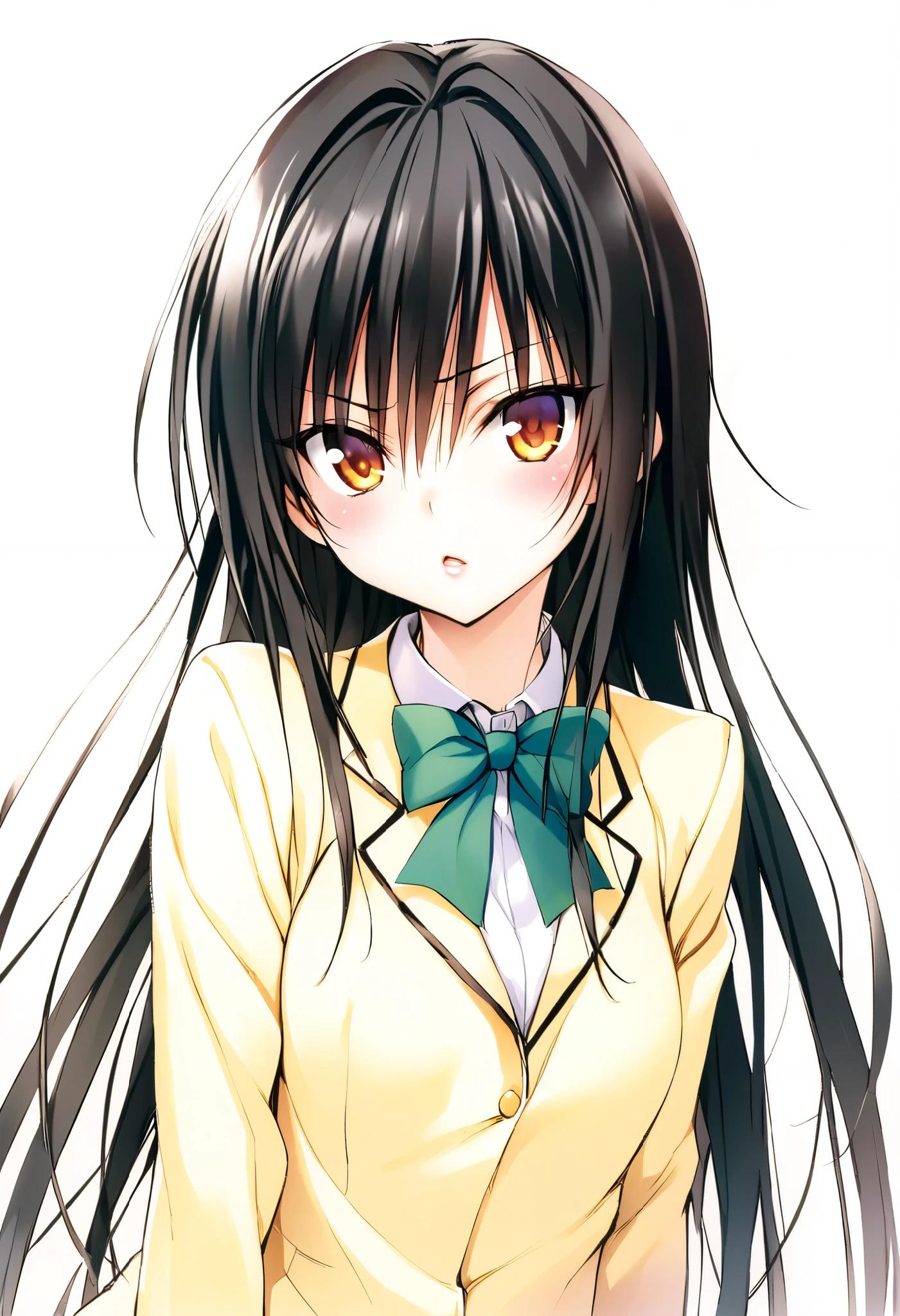 best quality , Kotegawa Yui , black hair , long hair, long bangs , School uniform、、 white background、