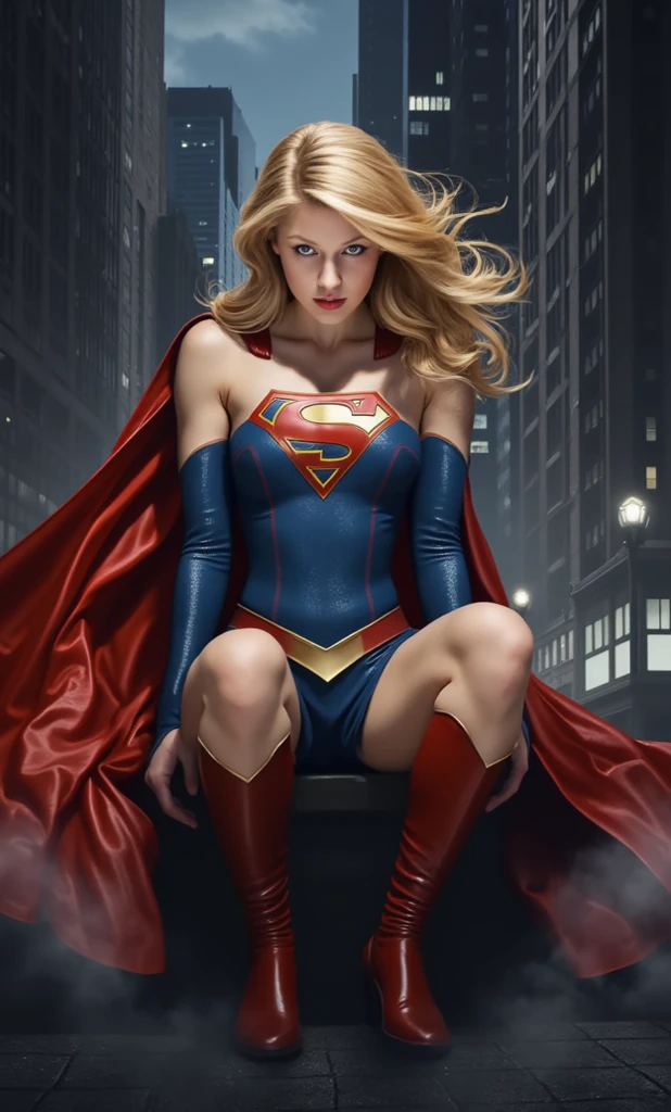 (  masterpiece ,  realistic ,  perfect girl,  photograph ,  high resolution and definition  ), DC Comics: super girl,  in a sensual and erotic pose,  tight suit, long, loose blond hair, nice image detail ,  Beautiful legs ,  detailed face , light eyes,  beautiful butt ,  slender and detailed body, Big breasts.  Great detail of the background and environment. In a random location ,  exciting, in the city at night . supergirl costume, sensual.