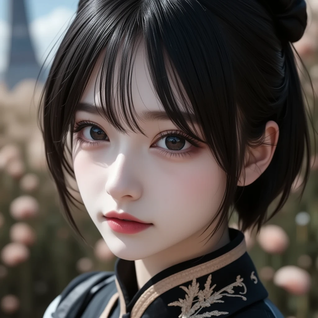 8k,    ultra high definition ,   best quality , Masterpiece,rule of thirds,golden ratio, surreal,photograph,  one woman,(  girl :1.3), cute, cute顔, 細部まで  beautiful eyes, 細かく Details, mature woman, princess,extream close up,smile, black hair,Short twin tail hair,ID photo,future, Brutal Cyberpunk Woman, luxurious and beautiful ,prairie,(( ethnic costumes:1.5)),Fancy Fashion, Luxurious Decor,(BDSM Femdom),(Cute  girl ),(Upper class woman:1.5), Expression of Despair , dark atmospheric lighting , fine detail,   Detailsな顔,anger,  charming eyes,(ポートレートphotograph:1.4), fantasy art ,(  beautiful faces:1.4),美しく  charming eyes、  beautiful eyes,Silver Remaining,(  Thin Waist:1.4)、( Beautiful :1.4),  pink lips, profile,(((  ideal body shape))),Small bust, A cup :2,、 portrait:2、  perfect anatomy 、鮮明な  Details、  Details, thin lips,完璧で  beautiful faces ,完璧で cute顔,   Meticulous Skin  ,  Perfect Limbs 、  Thin Waist,  surreal,Light and Dark,  fashion magazine cover,bloom