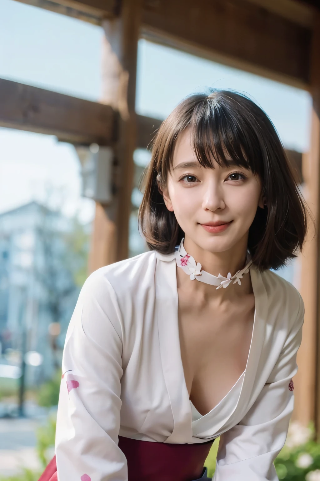 8K, top-quality, masterpiece, Super high resolution, a picture, Beautiful Japan female, elegance, Transparent atmosphere, sexy lips, oblique bangeautiful face, short-cut hair, Putting hair together, bangs, smile, chubby lips, natural soft light, 1girl in, Look into the distance, Duck mouth, Hanging eyes, Thin eyebrowrown-eyed, small busts, cleavage of the breasts, pure eros face,cowboy shot, a necklace, wrist watch, 24 years old, Wine red color, rot, V-neck knit T-shirt, cashmere, long-sleeve, High Stretch, Physically fit, Calm fashion, Tight, Futomo, escalators, Whip body, Black Scar