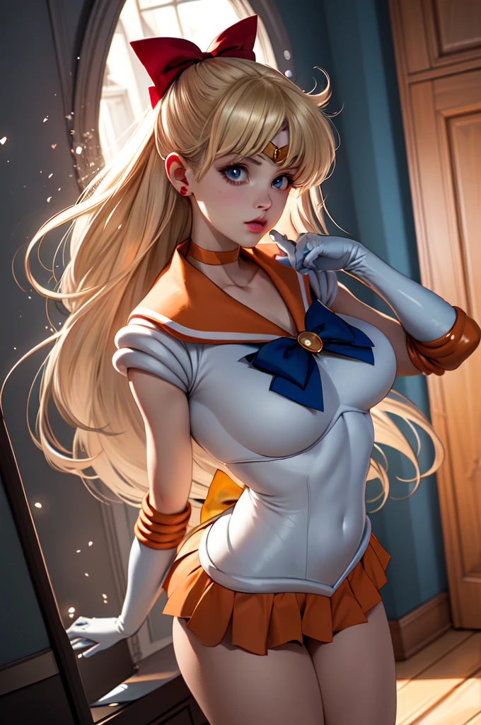 master-piece、full:1.3、stand、10、 .3D、Reality、Ultra Micro Photography、top-quality、Wallpapers with very detailed CG Unity 10、frombelow、intricate detailed、(1 female)、Age 28 years、(Sailor Moon:1.6 Super Bishu Jo Sen Chi Sailor Moonmer 1、Meishaonv,Tierra、Sailor Senshi Sailor Uniform:1.5、Sailor Moon:1.5,Sailor Moon Eternal)、(Incredibly bright long-tailed blonde:1.4、Very thin and long, straight, double blonde tail., Hair bun、Red round hair ornament in hair bun)、((Senshi sailor uniform、Blue Cover,Blue sailor color,Blue miniskirt before the door:1.5、Very large red bow on the chest.,,,、White long rubber gloves,Red gloves on the elbows、Luxurious golden tiara on forehead、耳Nipple Ring,Luxury Gold Jewelry、High leg swimwear))、Very thin and fit high glossy white holographic leather.、A high-glossy white latex swimsuit that shines like oil.,(Face details:1.5、Bright blue eyes、Counting beautiful faces、beautidul eyes、Outline of the iris, sparkling eyes、thin lips:1.5、Thin and pale eyebrows,、Long dark eyelashes、Double eyelashes、thin, Slim and muscular,、Tiny faces、Tall and large breasts、perfect proportion、Big breasts, slim waist、sexy model pose、Dynamic Poses,visible pores、A seductive smile、perfect hands:1.5、Octane Rendering、Highly breathtaking images、(Lunar,Cosmic Background、Rays of moonlight、moon、Dynamic background、Exquisite lighting and shadow、Dynamic Ungle、detailed background),Strong natural light、sunrays、Digital SLR、crisp focus: 1.0、Maximum Sharpness and Clarity,sexy pose,sex