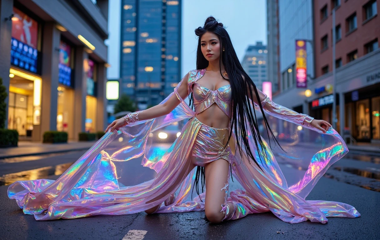 a remarkable and vivid depiction evoking both awe and melancholy, this image captures the essence of a high elven archer. intricately decorated outfit, short skirt, playful body manipulations, divine proportion, non-douche smile, gaze into the camera, it showcases the lady's ethereal beauty, her luminous silver hair cascading in gentle waves, adorned with delicate pearls that shimmer like stars in the night sky. holographic shimmer, Whimsical lighting, Enchanted ambiance, Soft textures, Imaginative artwork, Ethereal glow, Silent Luminescence, Whispering Silent, Iridescent Encounter, vibrant background, by Skyrn99, full body, (((rule of thirds))), high quality, high detail, high resolution, (bokeh), backlight, long exposure:2