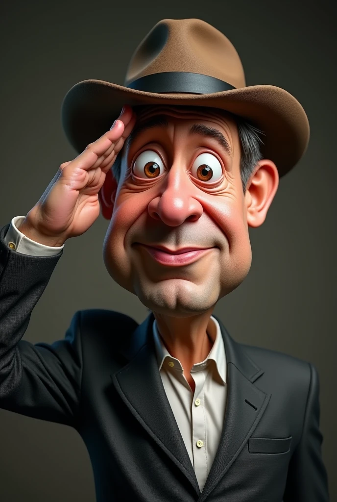 3d caricature image of man scary face fat round big eyes wearing Baretta hat with one hand position right hand above the forehead of the head with salute attitude towards the front of the camera in the style of pasphoto size half body background security post.