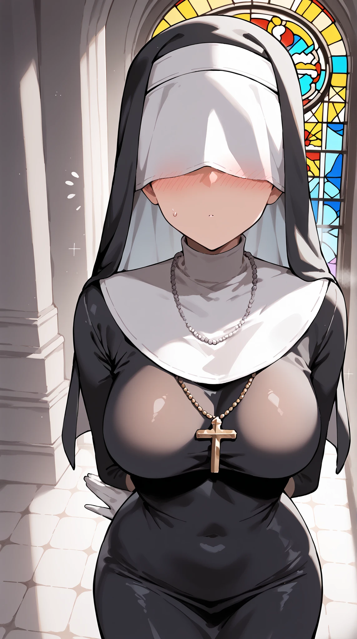 (Best quality, 8K, Masterpiece:1.3, 1girl, Beautiful girl), cute, Dynamism, Detailed face, Detailed skin, detailed clothes, Detailed eyes, Detailed lips, Detailed tongue, Detailed fingers, Detailed mouth, Photorealistic, Raw photo, highres, hight resolution, Natural lighting, dynamic pose, perfect anatomy, toned legs, double eyelids, tear bags, round eyes, moist lips, sweaty, (nun, gothic nun costumes, (lace blindfold), sticking tongue out, drooling), cross motif, cross, breasts, masturbation, yellow hair, cum on tongue, panty pull down, cowboy shot, skirt, pinching nipples herself, nsfw, ecstatic face