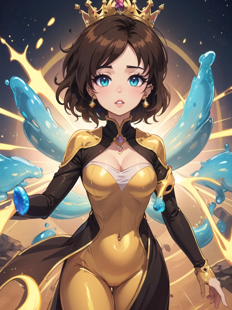 (8k, high quality, best quality, high resolution, high detail) 1 slime girl, adult woman dressed in dark royal clothes, she is majestic (short brown formal hair) beautiful young girl with piercing green eyes, full lips, hands shining with golden slime. (dark brown formal hair) royalty clothes. royal posture.