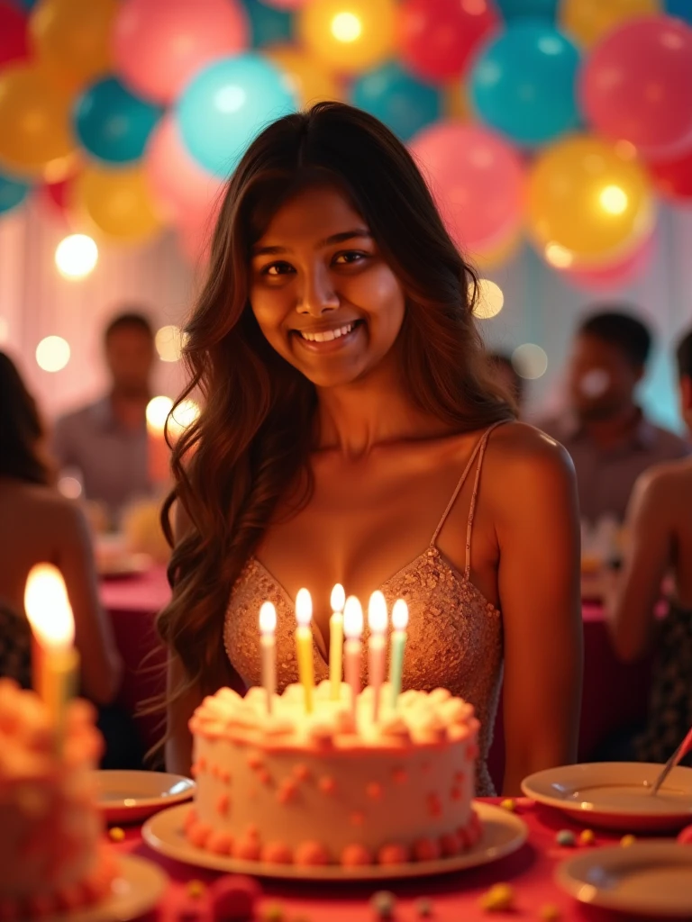 Photography of a beautiful 20 year old Asian woman with brown hair and a fat body wearing a beautiful colored Cinderella dress holding a birthday cake in a night atmosphere by the pool with romantic light