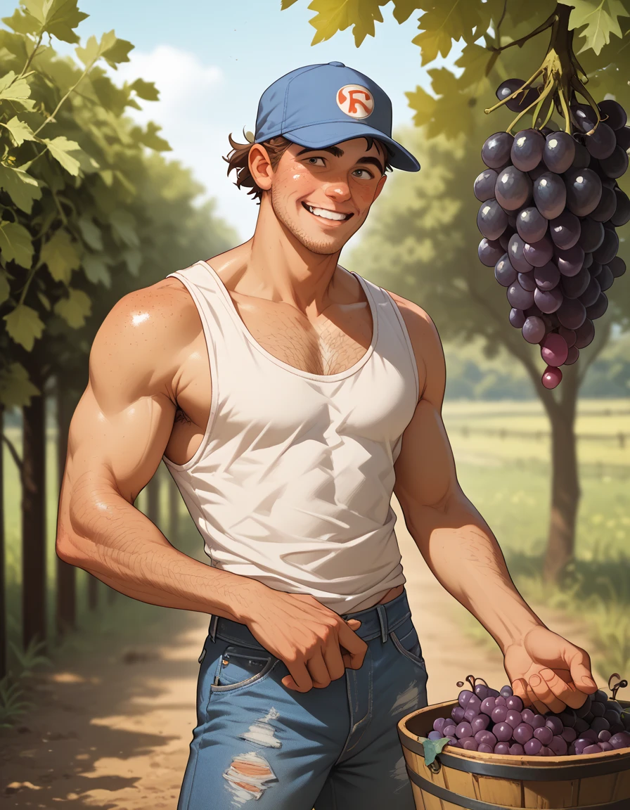 1 solo boy 17yo slim, farmer, shirtless, tanktop on shoulder , frayed short jeans, harvesting grapes on grapes plantation, baseball cap, b, hairy happy trail, smashing grapes with feet 