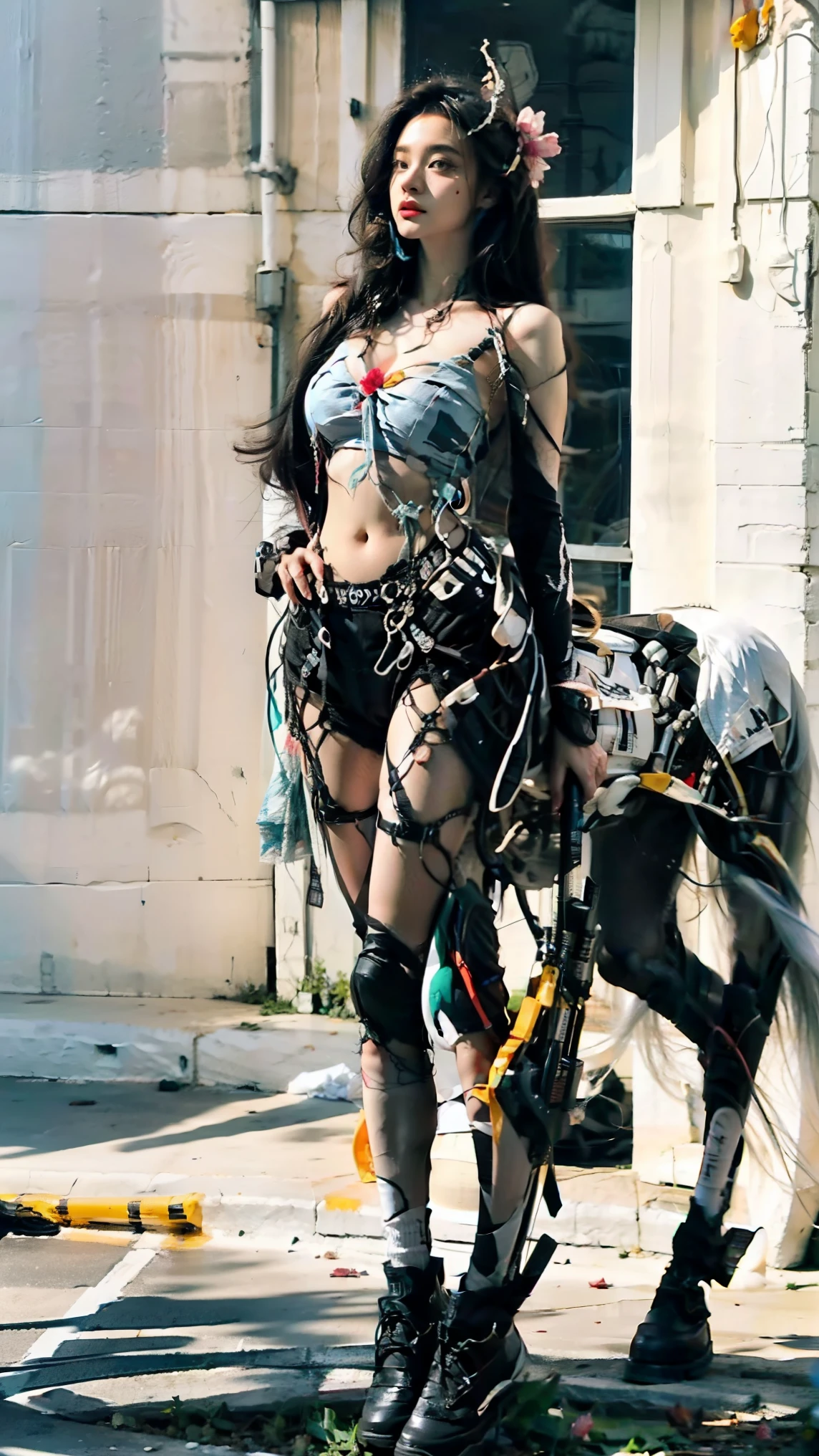 In a very grand scene,The extra-large wide-angle lens captures the appearance of a female centaur。She is tall,It has the ultimate curvy beauty,The muscles are slender and firm,Beautiful lines。Her facial features are tough and coquettish,Always with a sunny smile。She wears special tight-fitting equipment with a strong sense of technology,Step on multifunctional off-road style heels,Delicate and practical protective gear is worn on the hands, feet, wrists, neck and shoulders。The detection equipment around you flashes various cue lights and neon-like information screens,Let her exude a charming brilliance。Use Midjourney's advanced tools,Design special tight-fitting equipment for female centaurs,Highlight her unique physiological characteristics and appearance details,Add realism。And in her adventure scene,Spectacular views of nature,Such as the sky where storms and sunny days alternate、Brilliant rivers of stars and auroras、The snow-capped summit of Mount Everest、Fireworks in the mountain town, etc。ao mesmo tempo,Away from the hustle and bustle of Long Beach Pier is a neon-lit spaceship docked,Create a fantastic scene。Use Midjourney's advanced tools and multiple color palettes、Brush Strokes、Texture tools and model packages,It shows a sense of atmosphere where beauty and charm coexist。The charm of the female centaur is highlighted through color and lines,Enhance realism with detailing,Create a surreal dreamy feeling。Additionally,Use Midjourney's tools to add a variety of extreme sports gear and cultural trinkets to the female centaur,Create intricate hairstyles and outfits,Give her a sense of premium。She never flinches,Regardless of the terrain,can respond quickly,Even the extreme geography and dangerous terrain of aliens cannot stop her。Use Midjourney's powerful tools,You can do it with incredible detail and beauty,Bring this ultra-grand and beautiful scene to life。Ultra-grand scenes,super wide shot, hdr,(真实感,Masterpiece quality,best qualtiy),