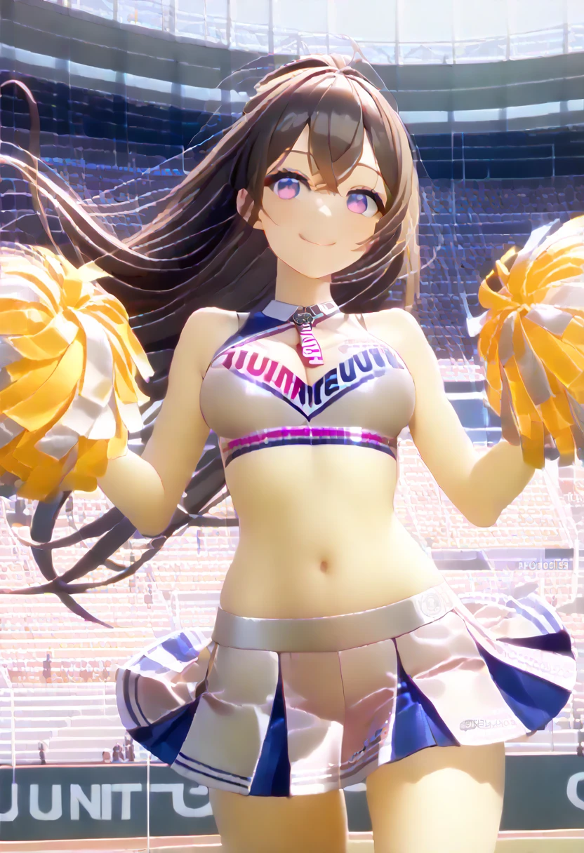  1 girl,  Japanese , ,  white skin,  Medium Breasts, View the view, (smile:1.5),  beautiful detailed eyes, (middle hair:1.4,  split bang ,  straight hair:1.7), (belly button:1.1),  brown hair, ( current cheerleader style in pink:1.5),  sports top with orange pompoms exposed in the center ,  raise your arms, I have an orange pompom,  Jumping, ( beautiful scenery),  daytime, ( Stadium:1.5), (8k,  best quality , masterpiece),  beautiful illustration,  cowboy shot ,