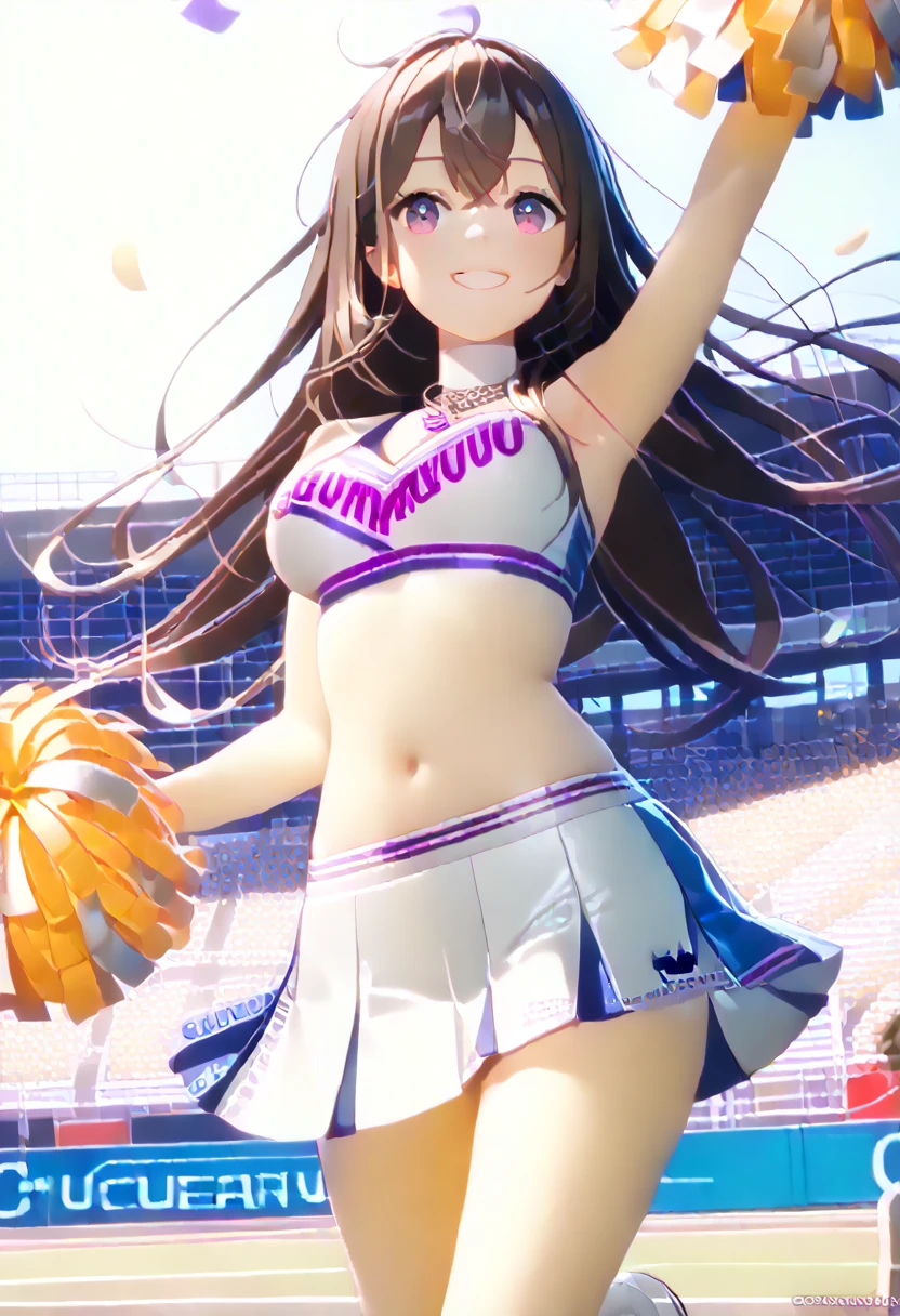  1 girl,  Japanese , ,  white skin,  Medium Breasts, View the view, (smile:1.5),  beautiful detailed eyes, (middle hair:1.4,  split bang ,  straight hair:1.7), (belly button:1.1),  brown hair, ( current cheerleader style in pink:1.5),  sports top with orange pompoms exposed in the center ,  raise your arms, I have an orange pompom,  Jumping, ( beautiful scenery),  daytime, ( Stadium:1.5), (8k,  best quality , masterpiece),  beautiful illustration,  cowboy shot ,