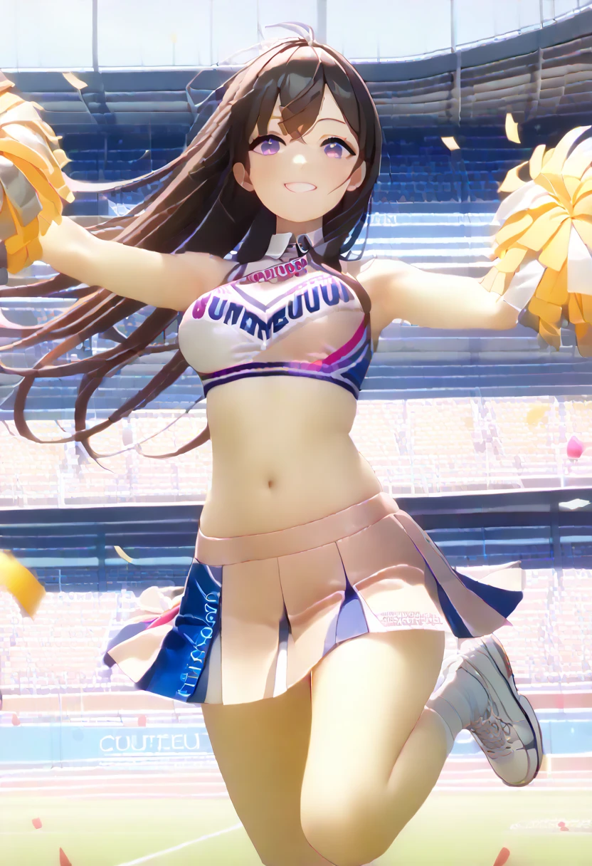  1 girl,  Japanese , ,  white skin,  Medium Breasts, View the view, (smile:1.5),  beautiful detailed eyes, (middle hair:1.4,  split bang ,  straight hair:1.7), (belly button:1.1),  brown hair, ( current cheerleader style in pink:1.5),  sports top with orange pompoms exposed in the center ,  raise your arms, I have an orange pompom,  Jumping, ( beautiful scenery),  daytime, ( Stadium:1.5), (8k,  best quality , masterpiece),  beautiful illustration,  cowboy shot ,