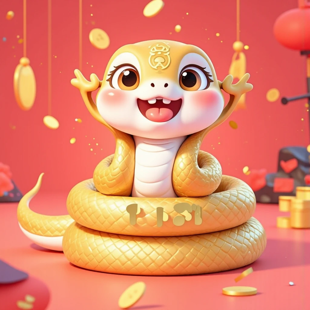 a cute snake, red background,gold coins rain, WORDS "TET AT TY 2025" on gold bar