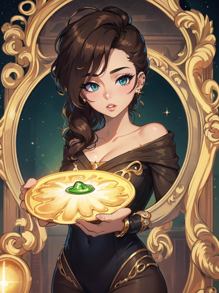 (8k, high quality, best quality, high resolution, high detail) 1 slime girl, adult woman dressed in dark royal clothes, she is majestic (short brown formal hair) beautiful young girl with piercing green eyes, full lips, hands shining with golden slime. (dark brown formal hair) royalty clothes. royal posture.