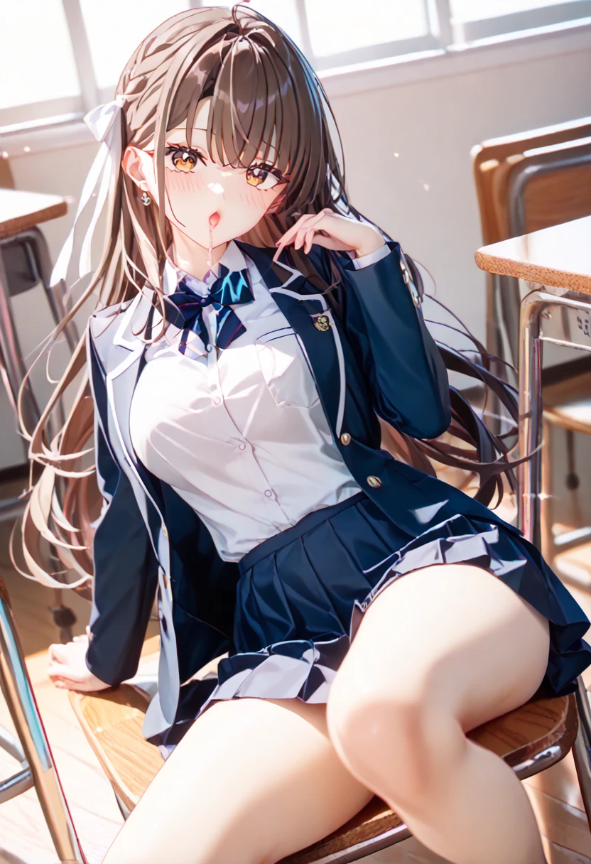 ((((masterpiece,  best quality ,  best quality ,  one girl , Alone,  more beautiful than Kira、 Detailed Photos )))), 18 years old、Slender、  slightly larger breasts 、 Thin Thighs、(( dark brown hair、 straight、 long hair、 brown eyes、 round eyes、Clear a division、、)),(((Lick the classroom ))、((  dark blue blazer  、 dark blue skirt、 school uniform、ribbon)))、Displeased、、NSFW、((( genitals with visible ears、Beautiful genitals、 liquid overflowing from a woman's genitals、 masturbates、 masturbates、 masturbates)))、(Lick the classroom の椅子に座る、Small wooden chair 、 put your heels on the floor 、 Spread Your Legs and Shoot it from the Front)、Above the knee photo、