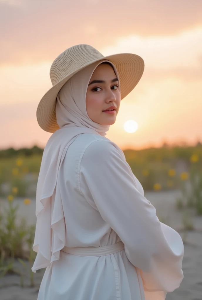 profesional photography fisheye lens, wide view. evening scene unfolds as a stunning Thai woman chubby wearing a long white hijab, poses amidst a beach, bathed in the soft light and fire sky. Framed by an analog camera lens, Kodak Portra 800 film captures her radiant beauty wearing a white airy long-sleeved flowing dress with belt and shawl in sleeve. wearing a beach hat. The shot is characterized by cinematic tones, gentle contrast, and a nostalgic 90s style aesthetic. wearing hijab no hair. 