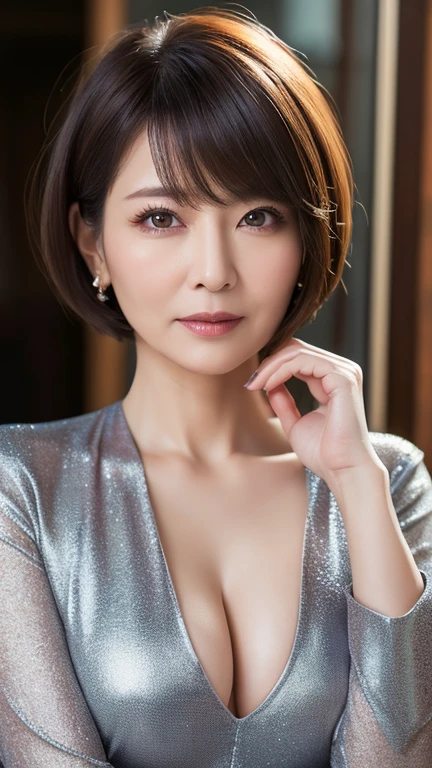 1 Female,Focus on the chest,Beauty,Highest quality,Ultra-realistic,Beautiful appearance ,Brown color,Short Hair,Small breasts,Facing forward,Portraiture,smile,Cleavage,forward leaning posture,In a suit, Realistic,talent,20th Generation,Natural Makeup