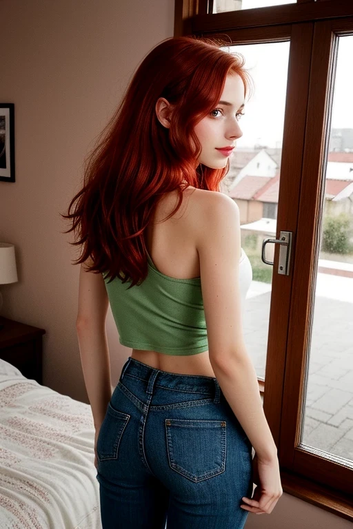 Half body photo of a cute 20 year old pretty redhead girl, redhead, long wavy hair, or looks at the camera , full face (you look shy:1.3), freckles, detailed face, detailed skin, (tshirt without panties), beautiful body, Big teal eyes, sensual lips, Suggestive pose, from the back, showing ass, looking over her shoulder into the camera