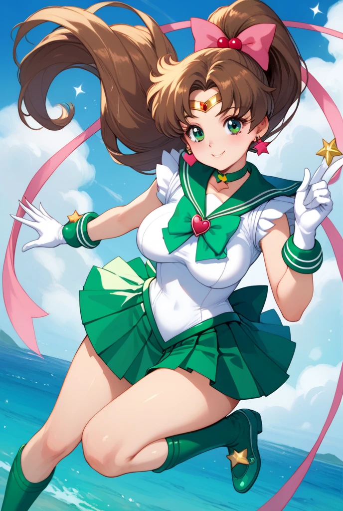 makoto kino,1girl,sailor senshi,magical girl,brown hair,long hair,ponytail,parted bangs,green eyes,large breasts,sailor senshi uniform,white gloves,green elbow gloves,microskirt,pleated skirt,green skirt,green sailor collar,green choker,hair bobbles,hair ornament,star choker,red earrings,flower earrings,pink bow,green brooch,heart brooch,circlet,green jewelry,pink back bow,green shoes,