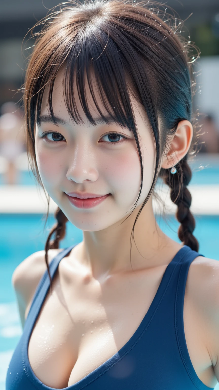 High resolution, best quality,
Realistic photos, amazingly fine details,
Photos taken by amateurs with super telephoto lenses,
Blurred background,
Full body photos,

A very young and beautiful Japanese girl,
She has a young face,
She is an early teenager,
She is short,
She is having fun in her school swimsuit,
The school swimsuit is a navy blue, plain one-piece with a thin fabric,
She is completely soaked,
Water dripping from her hair,
Water splashes, water dripping, summer waves,
She is very tanned,
The swimsuit has slipped and her pure white skin is showing,
Braids, ponytail, pigtails, twin tails, long hair, bob hair, bangs,
She has freckles,
Public pool during the day,
The water surface is sparkling,
g1ass_sh33t,
(NSFW:0.05),