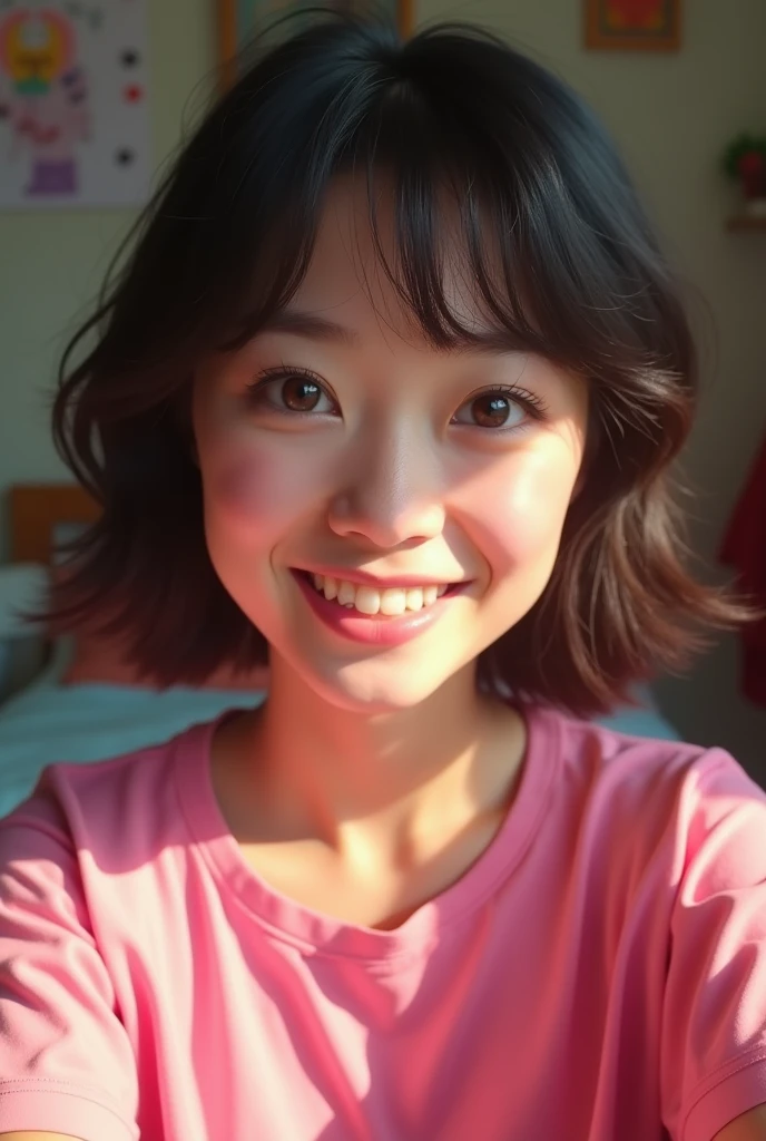 Japanese girl with short wavy hair cut bob taking a homemade selfie tight pants angle from below selfie to her ass