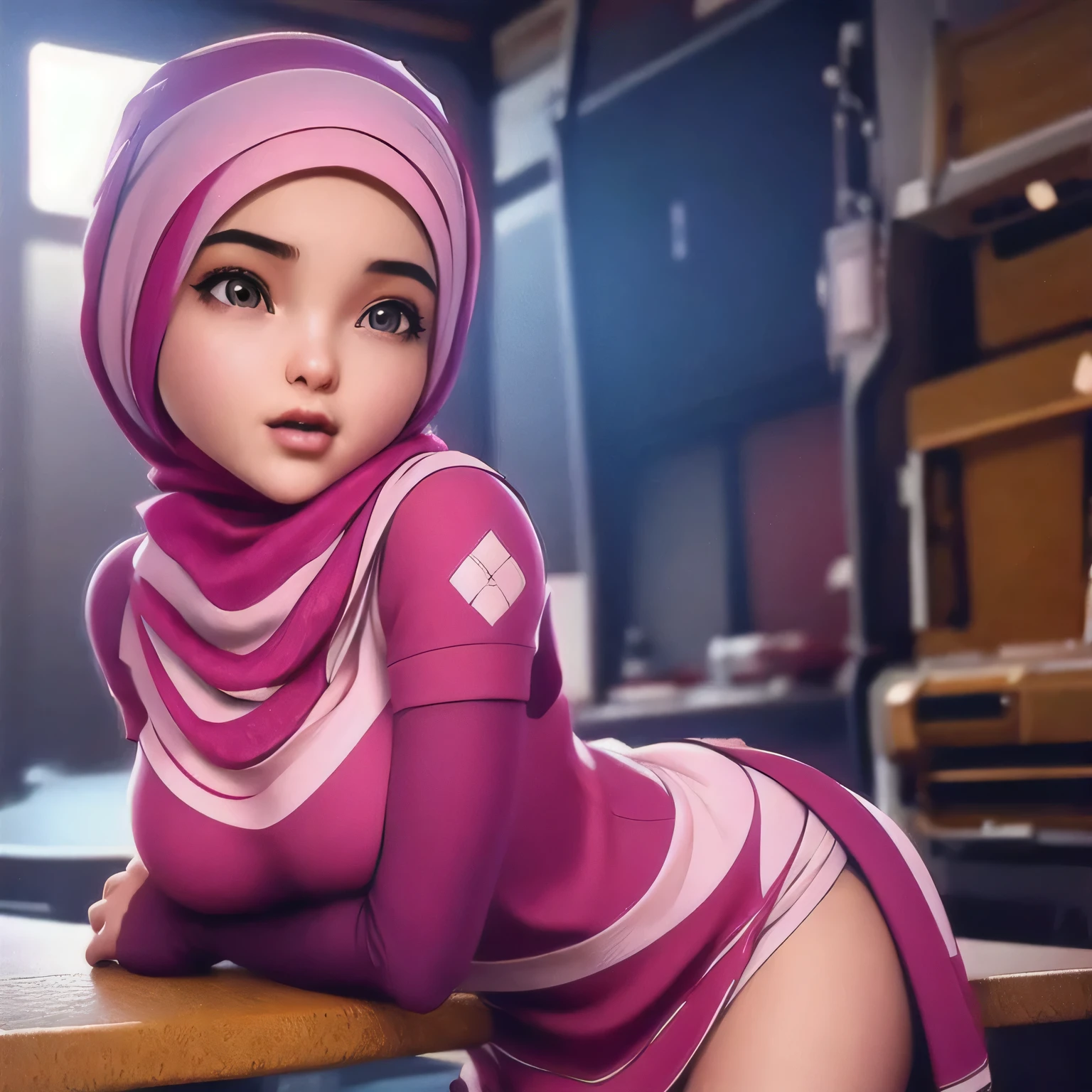 night scene, close up photo of a sexy naked malay girl with hijab, posing, look at a camera and smile, pink pastel hijab, (green eyes:0.8), big tit, cute young face, 18 yo, soft volumetric lights, (backlit:1.3), (cinematic:1.3), intricate details, (ArtStation:1.2)